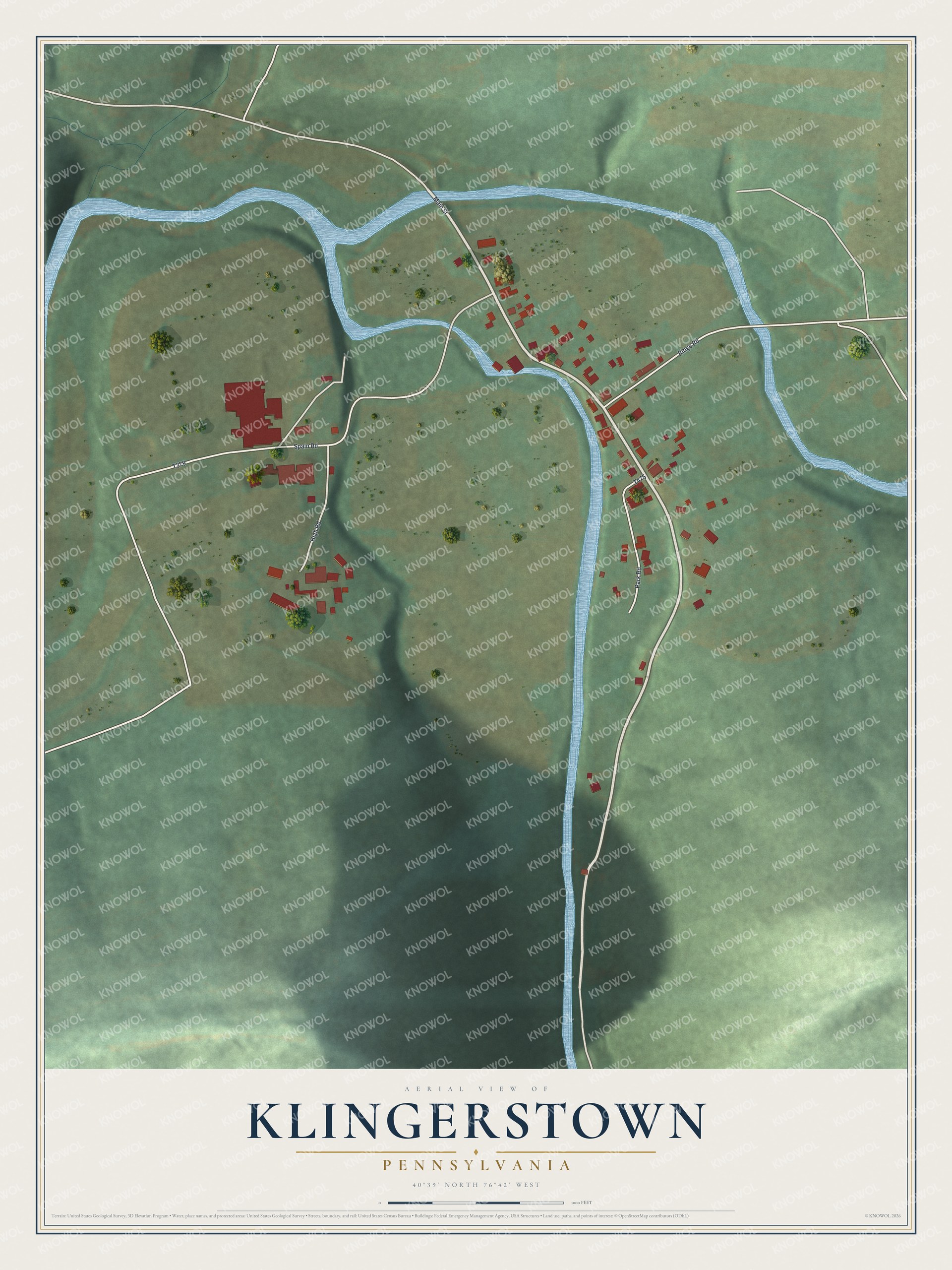Full map of Klingerstown, Pennsylvania, with red buildings, printed street names and the land around them