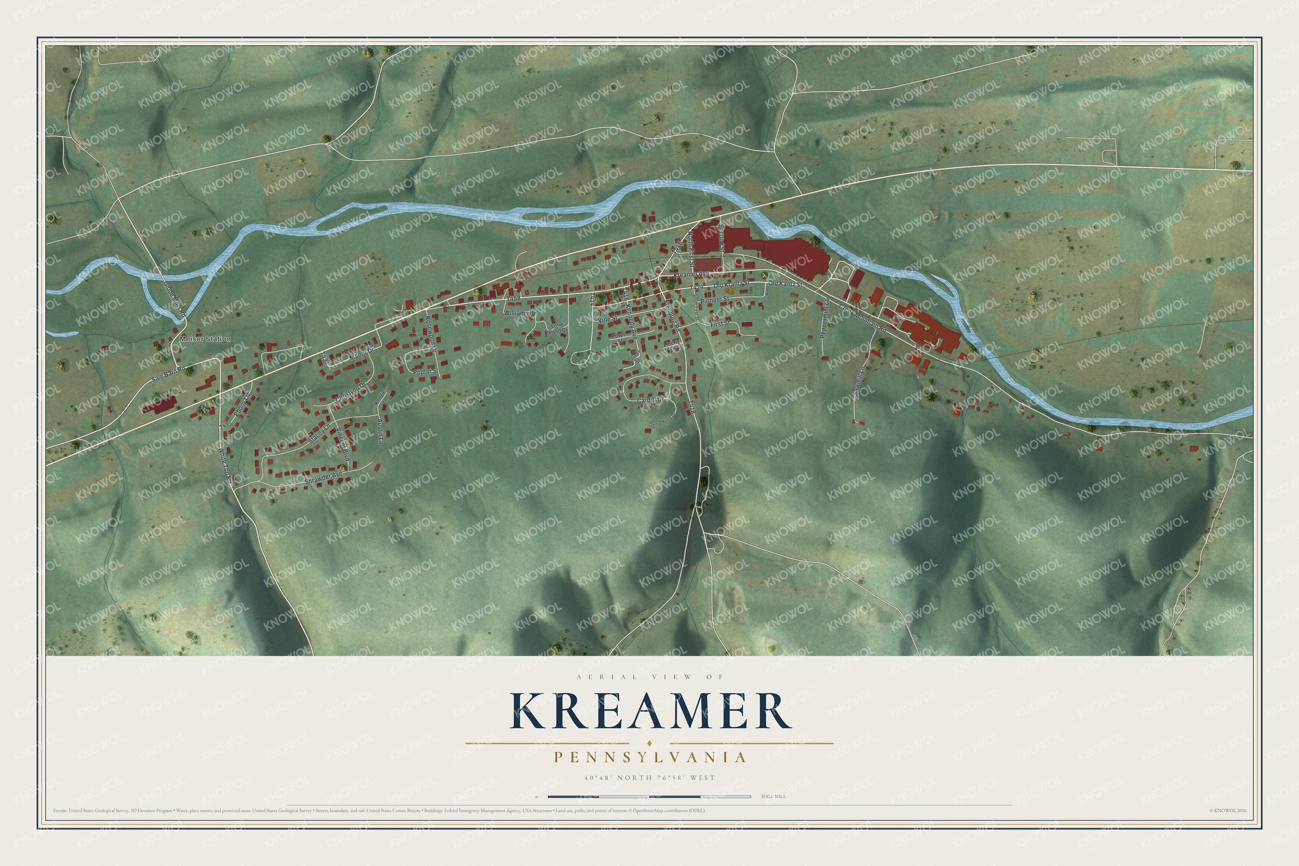 Full map of Kreamer, Pennsylvania, with red buildings, printed street names and the land around them