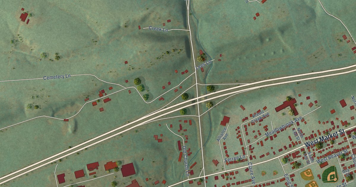 Close-up of streets and buildings in Kreutz Creek, Pennsylvania