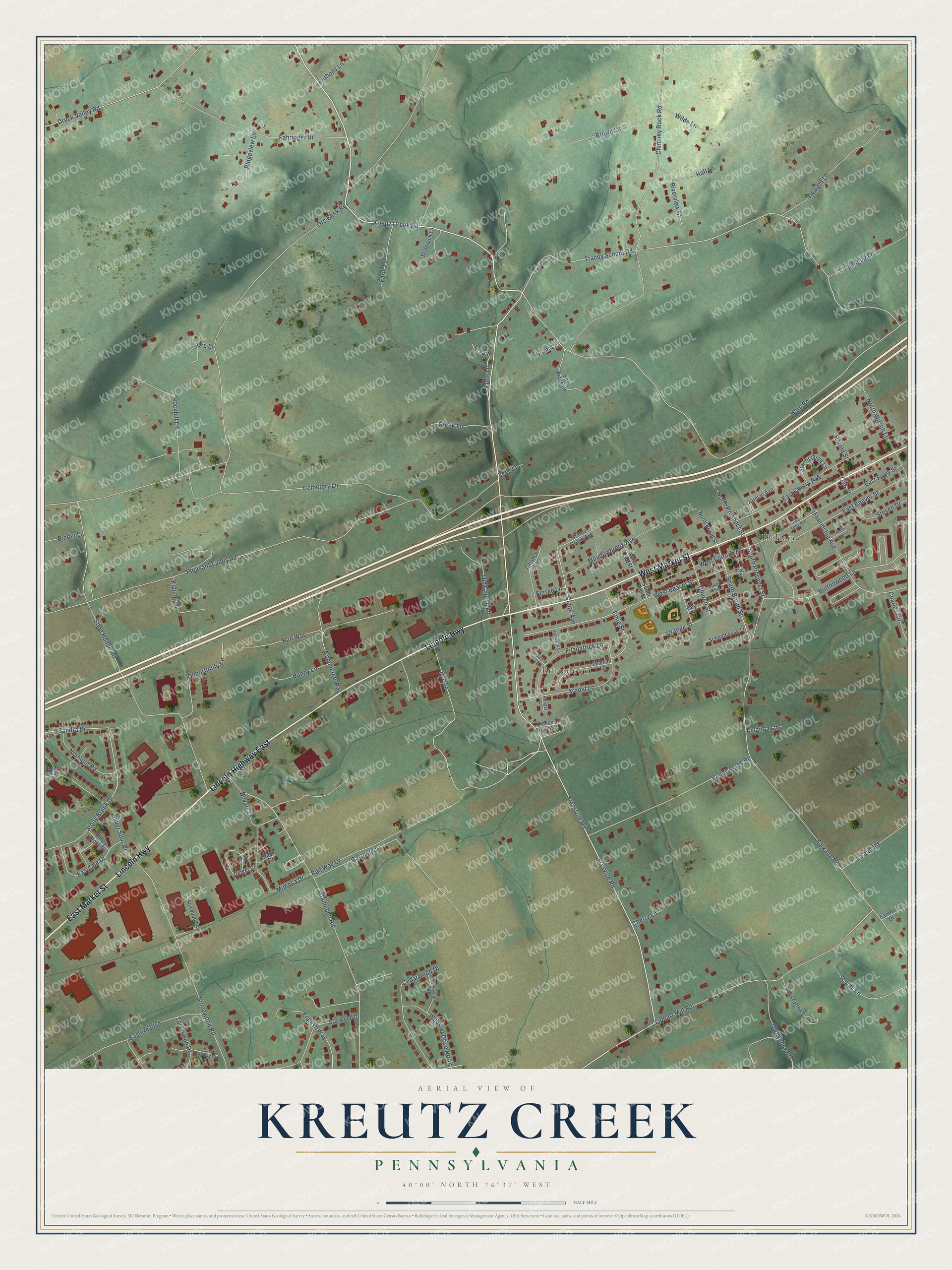 Full map of Kreutz Creek, Pennsylvania, with red buildings, printed street names and the land around them