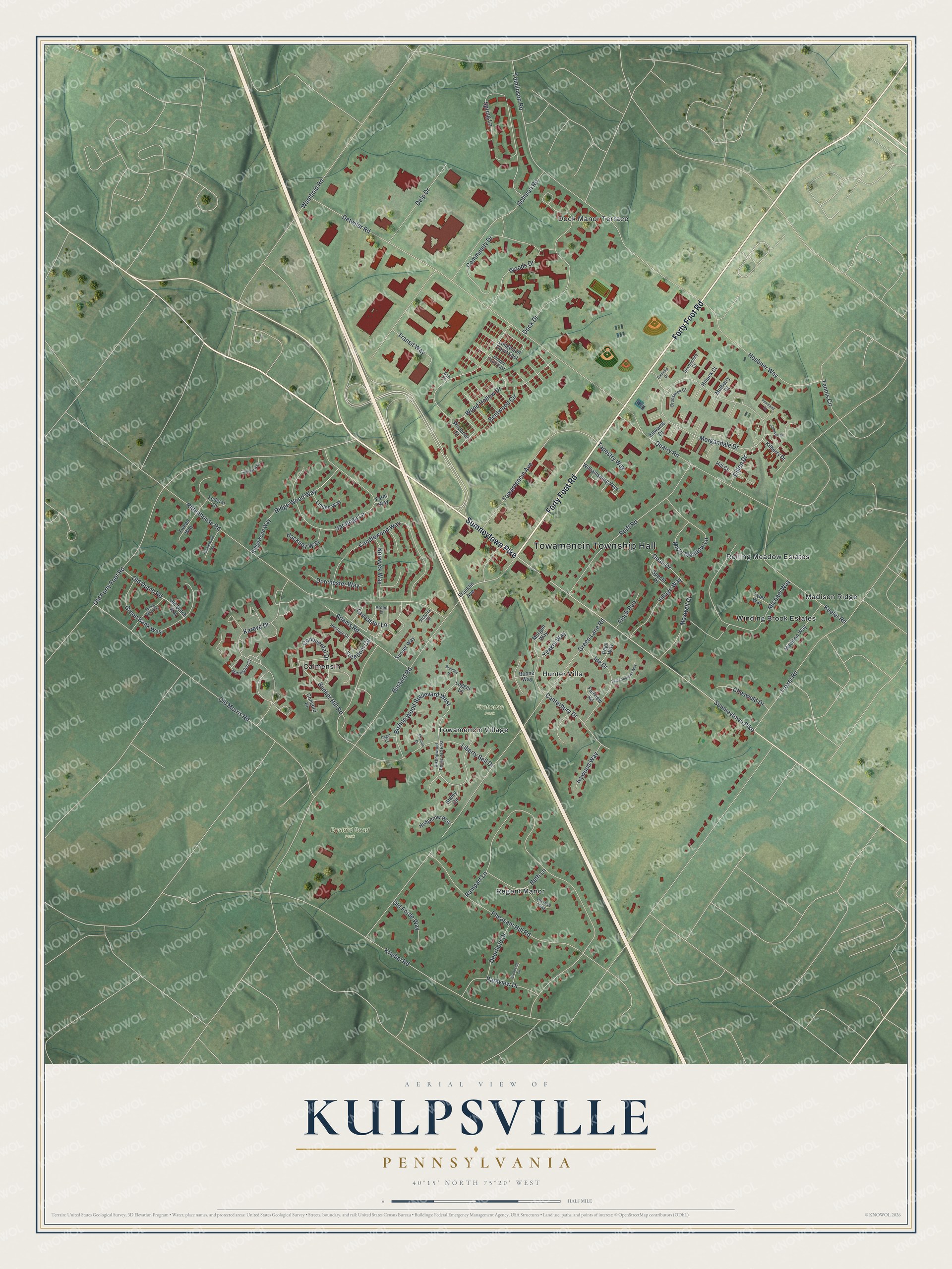 Full map of Kulpsville, Pennsylvania, with red buildings, printed street names and the land around them