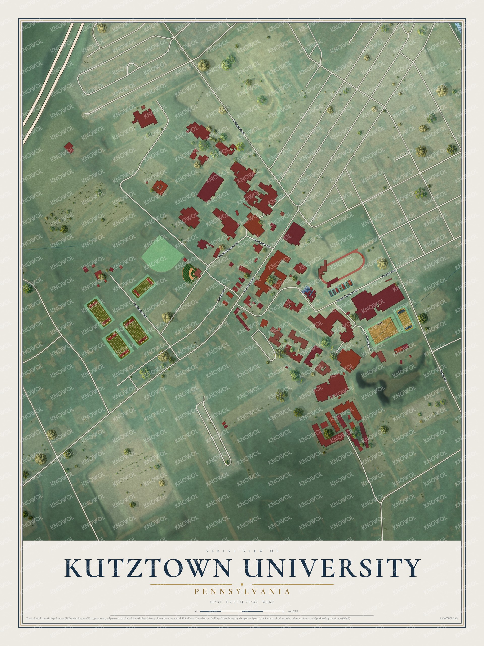 Full map of Kutztown University, Pennsylvania, with red buildings, printed street names and the land around them