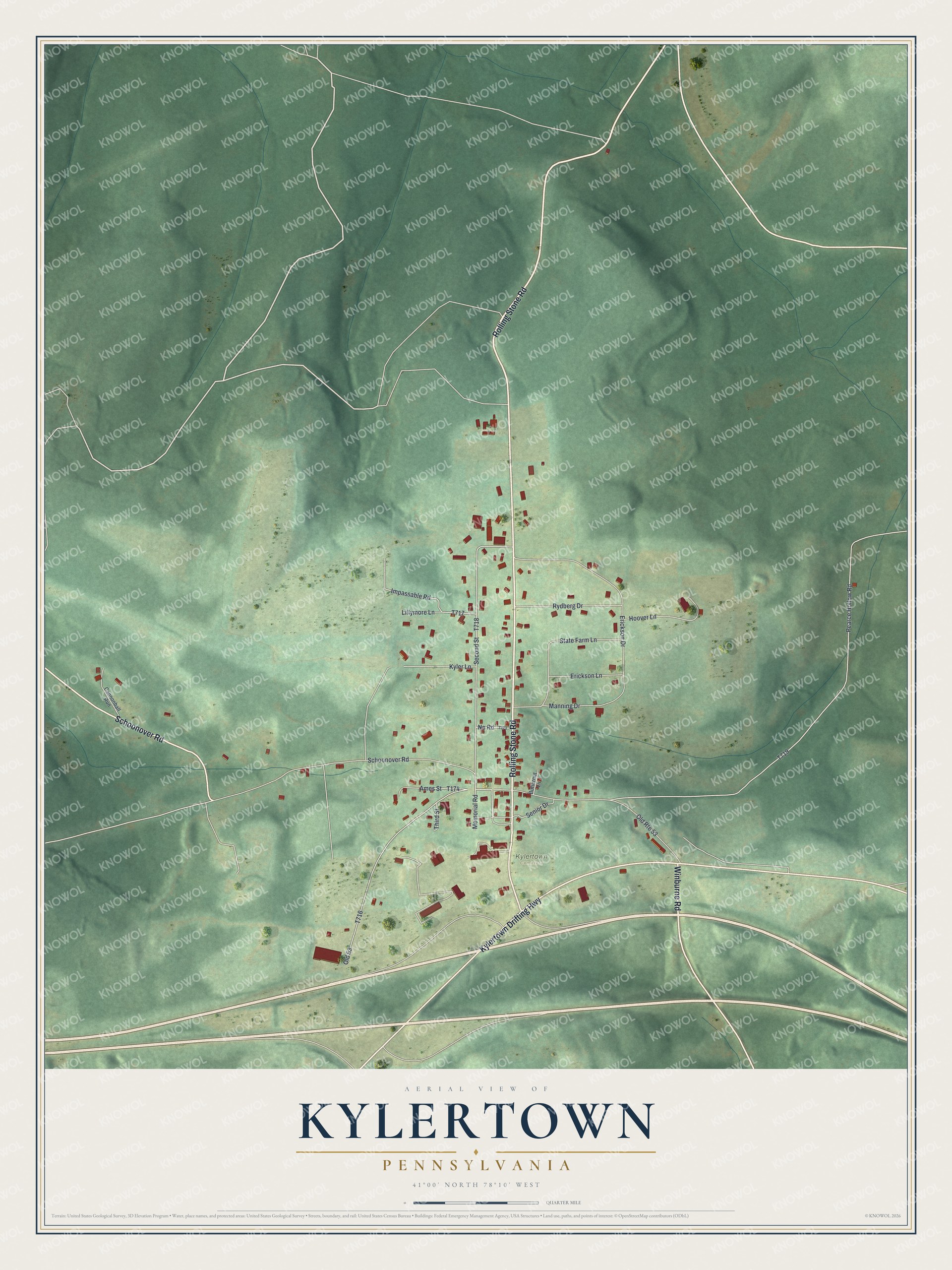 Full map of Kylertown, Pennsylvania, with red buildings, printed street names and the land around them