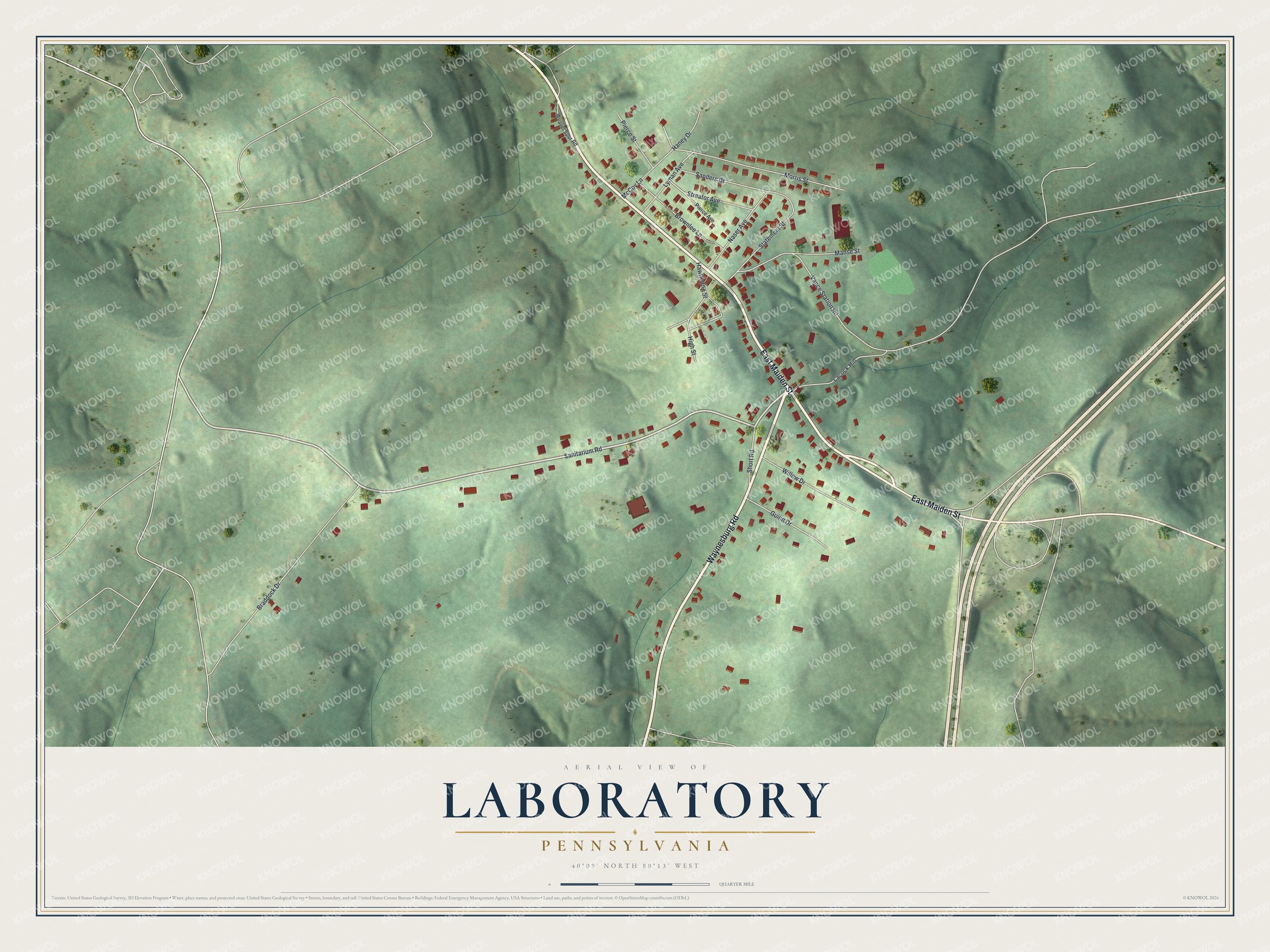Full map of Laboratory, Pennsylvania, with red buildings, printed street names and the land around them