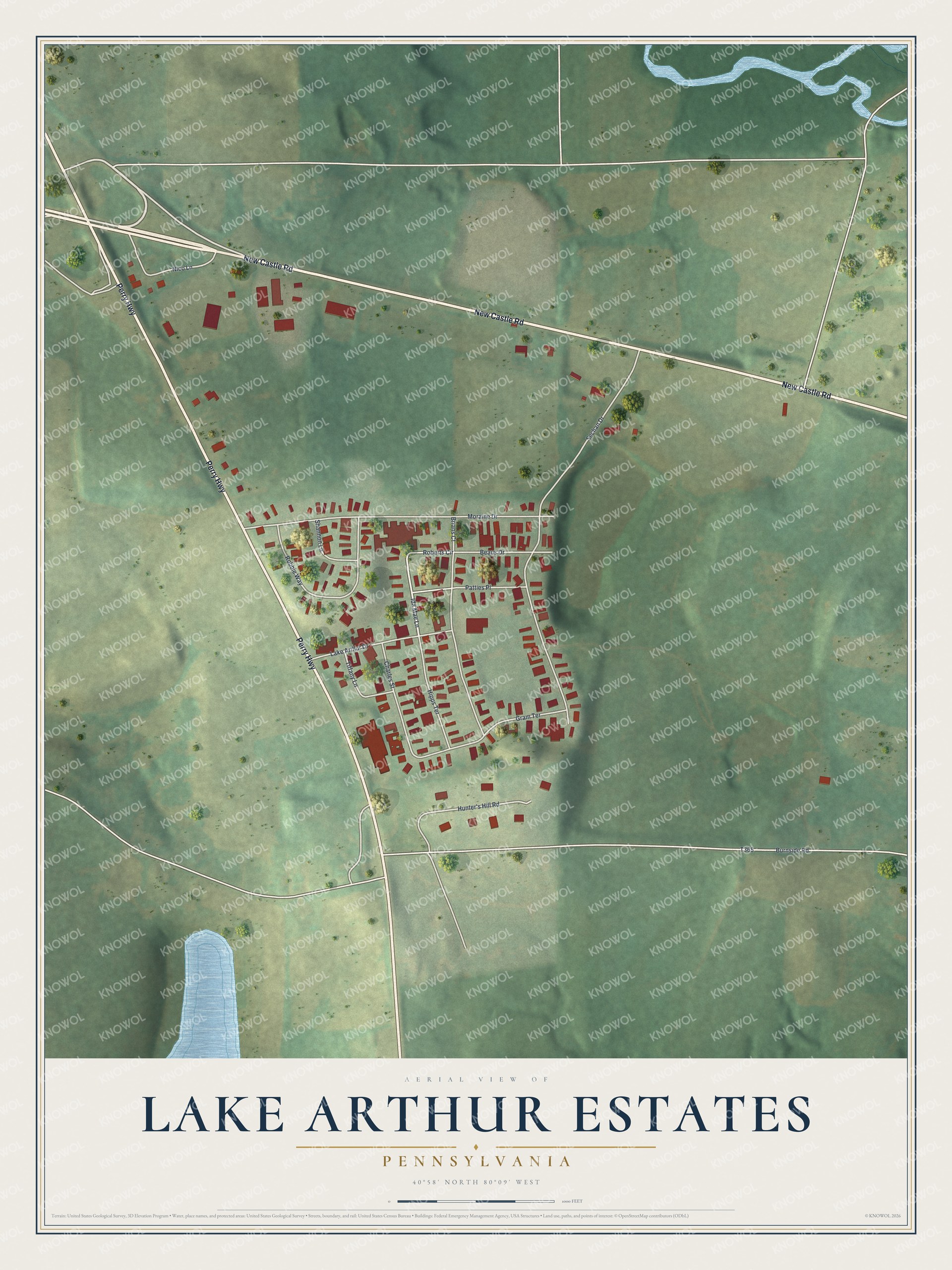 Full map of Lake Arthur Estates, Pennsylvania, with red buildings, printed street names and the land around them