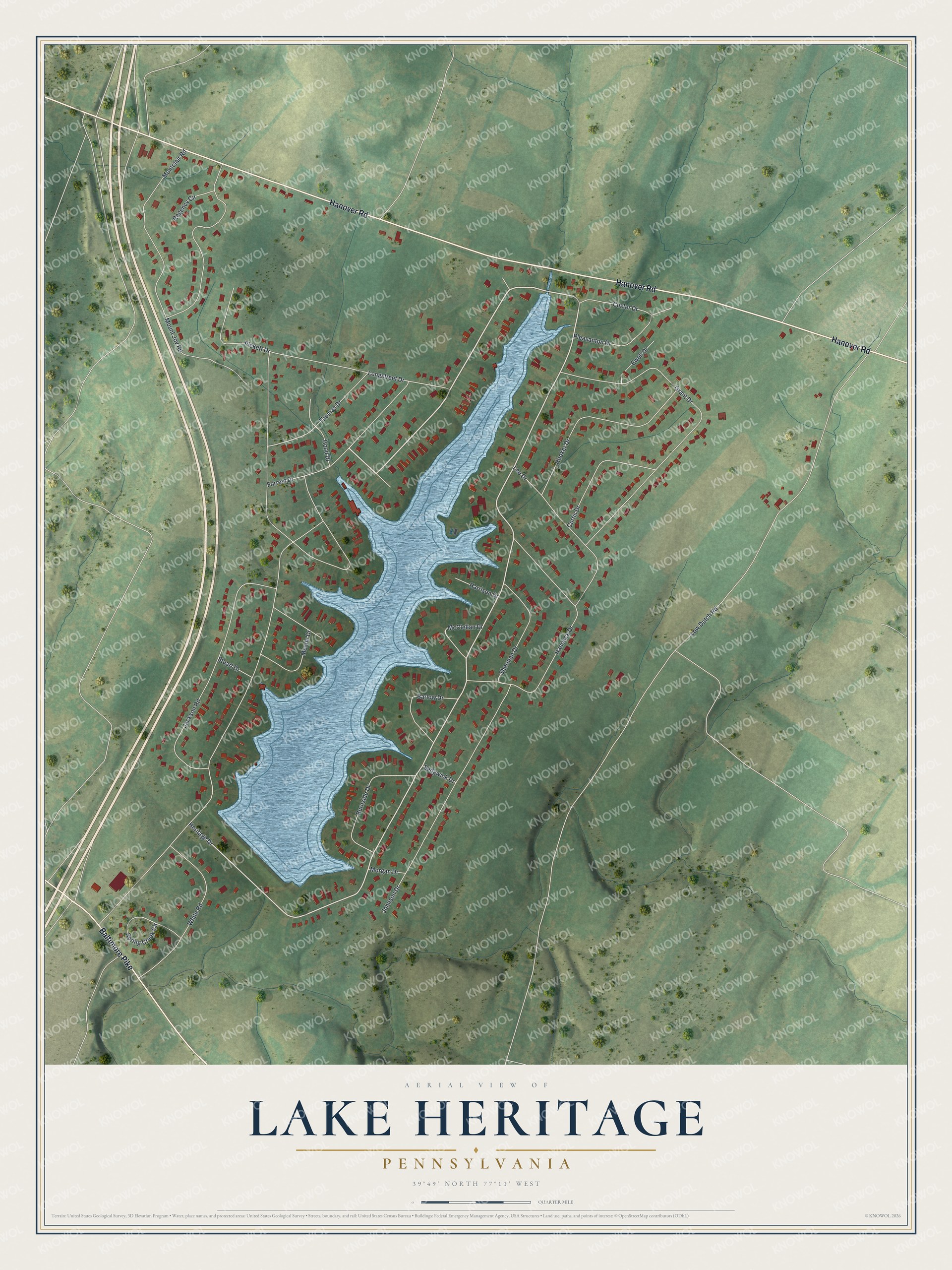Full map of Lake Heritage, Pennsylvania, with red buildings, printed street names and the land around them