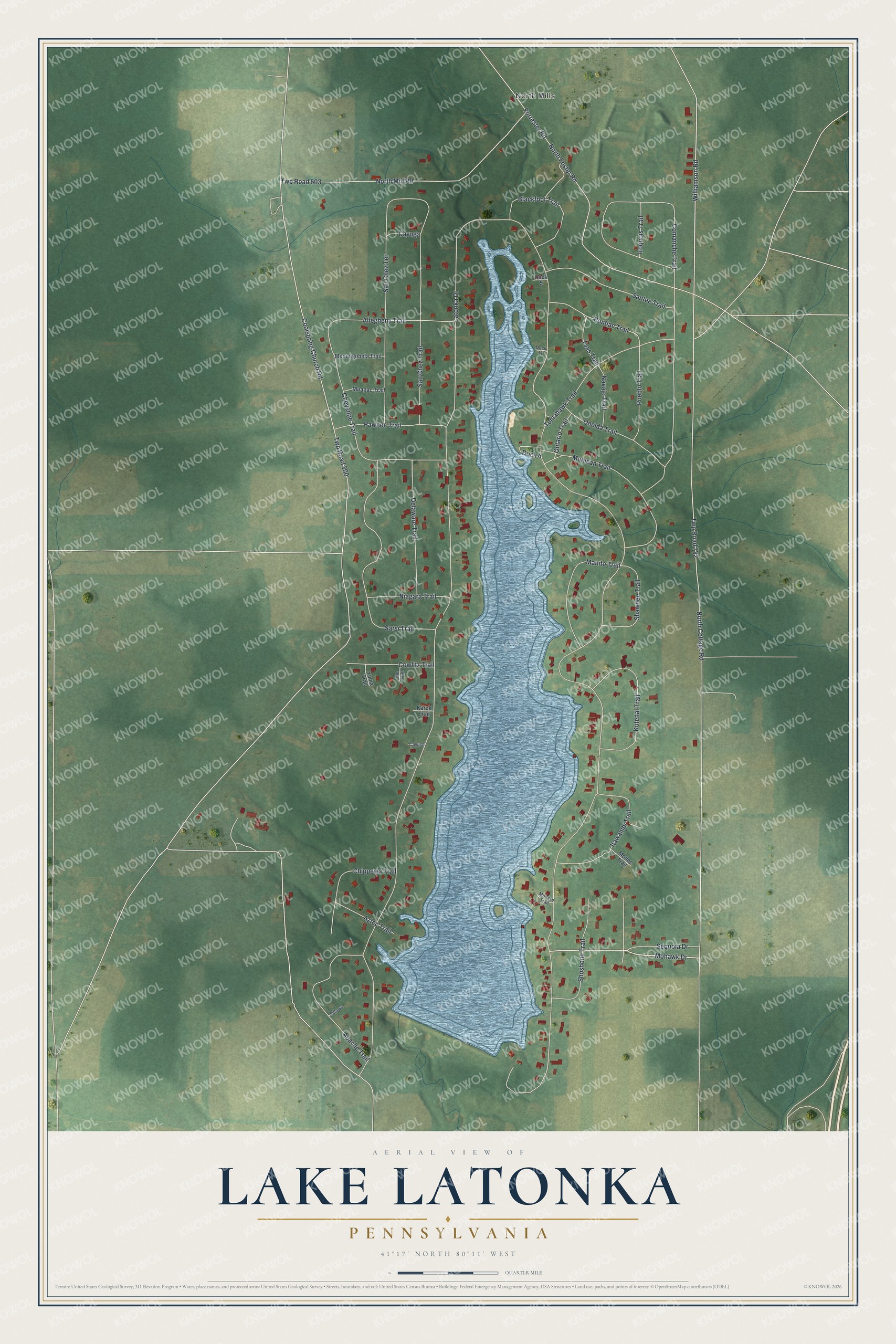 Full map of Lake Latonka, Pennsylvania, with red buildings, printed street names and the land around them