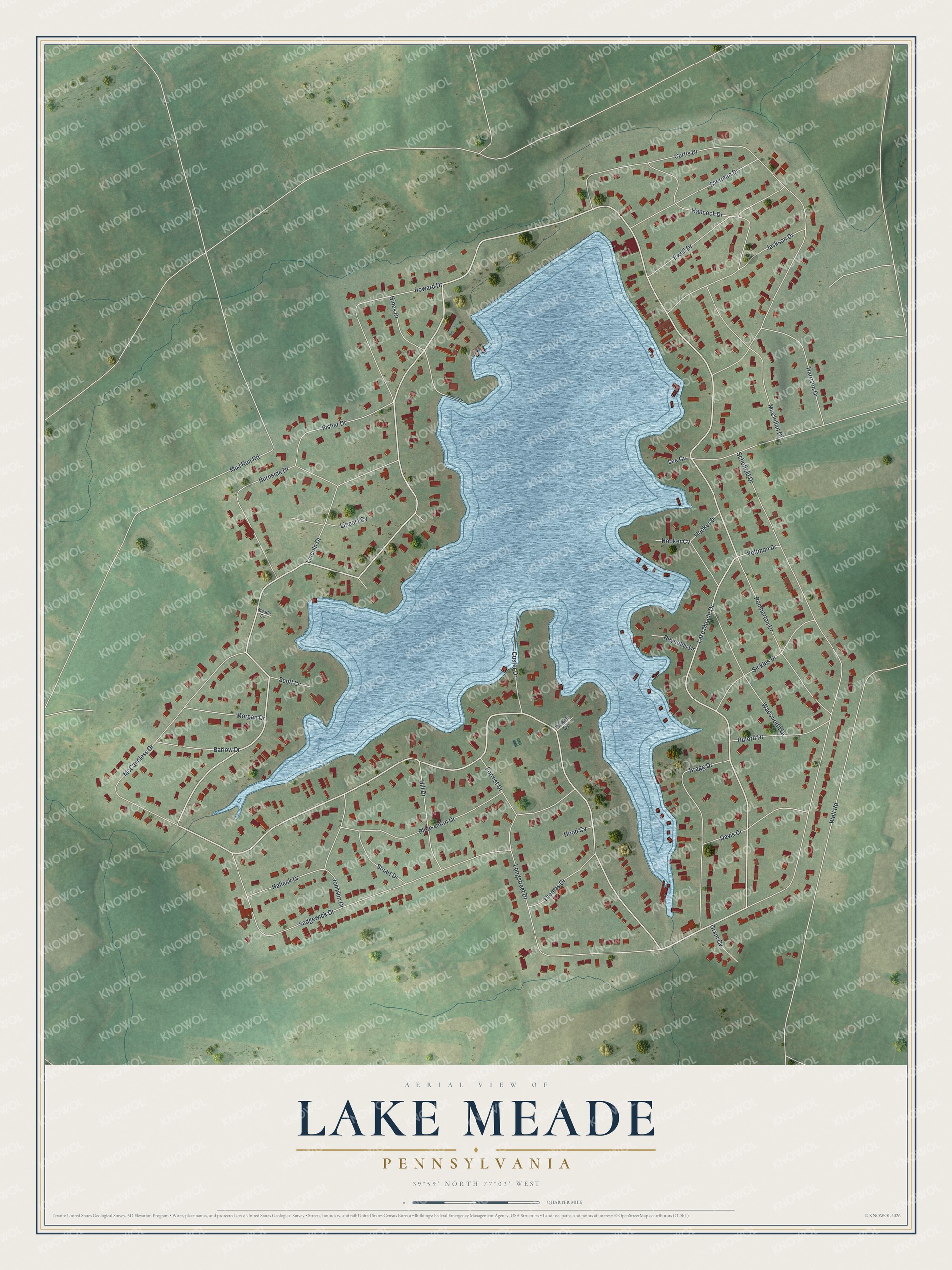 Full map of Lake Meade, Pennsylvania, with red buildings, printed street names and the land around them