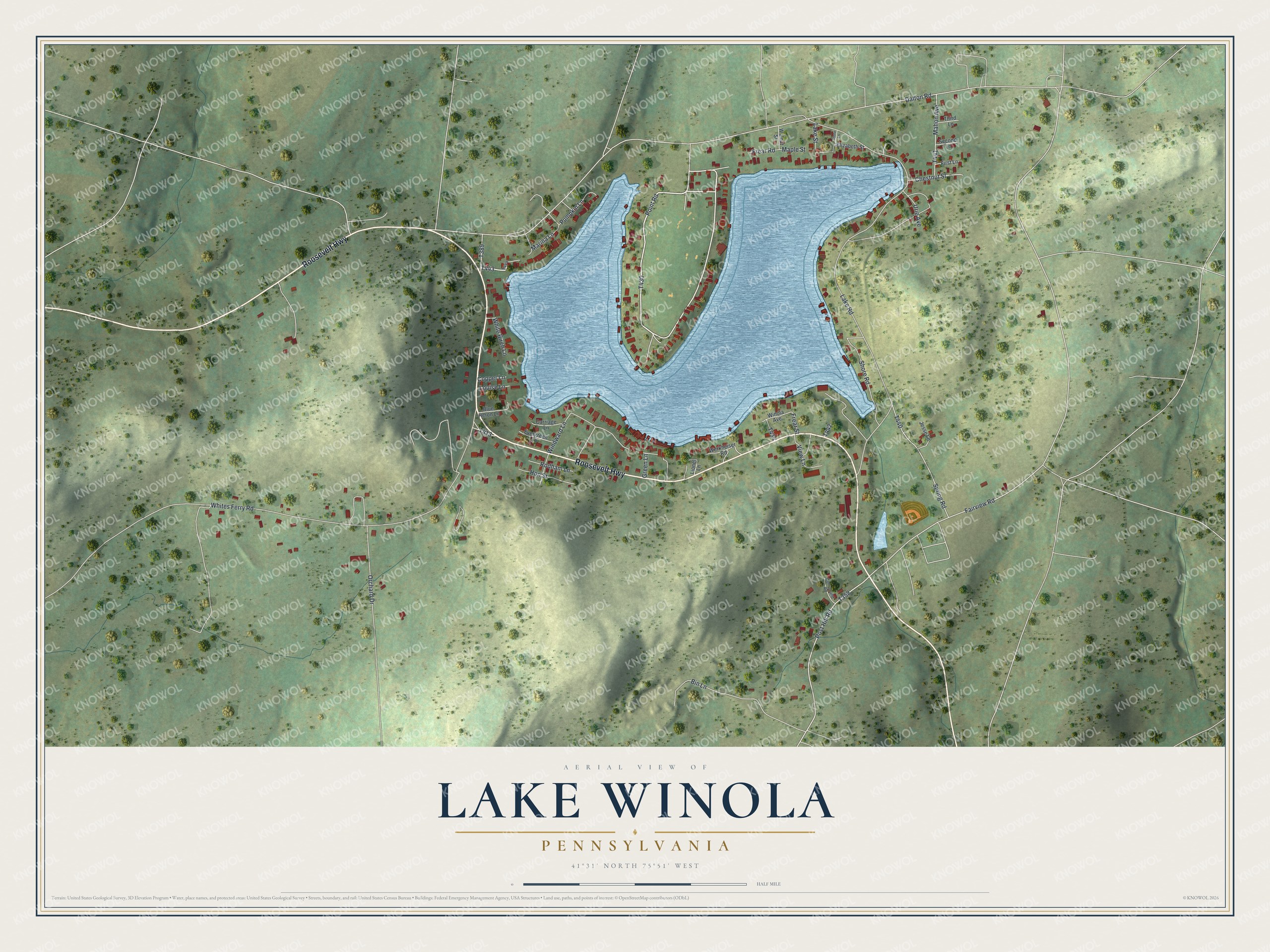 Full map of Lake Winola, Pennsylvania, with red buildings, printed street names and the land around them