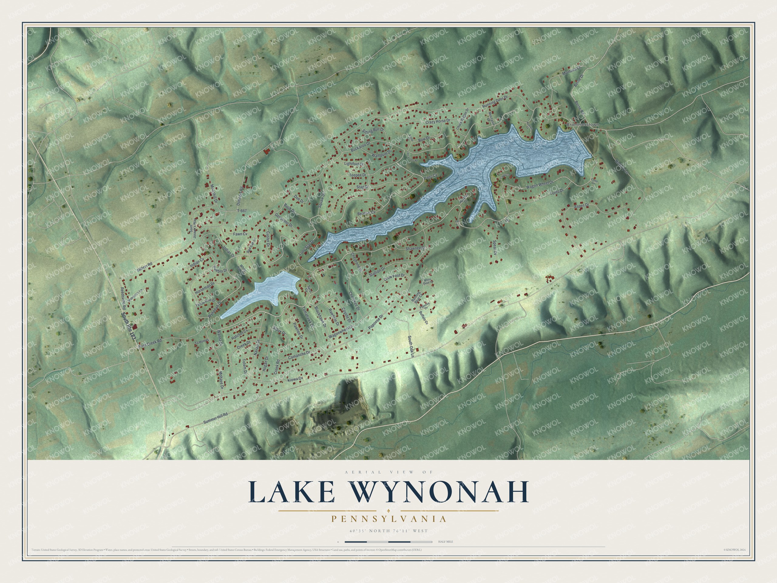Full map of Lake Wynonah, Pennsylvania, with red buildings, printed street names and the land around them
