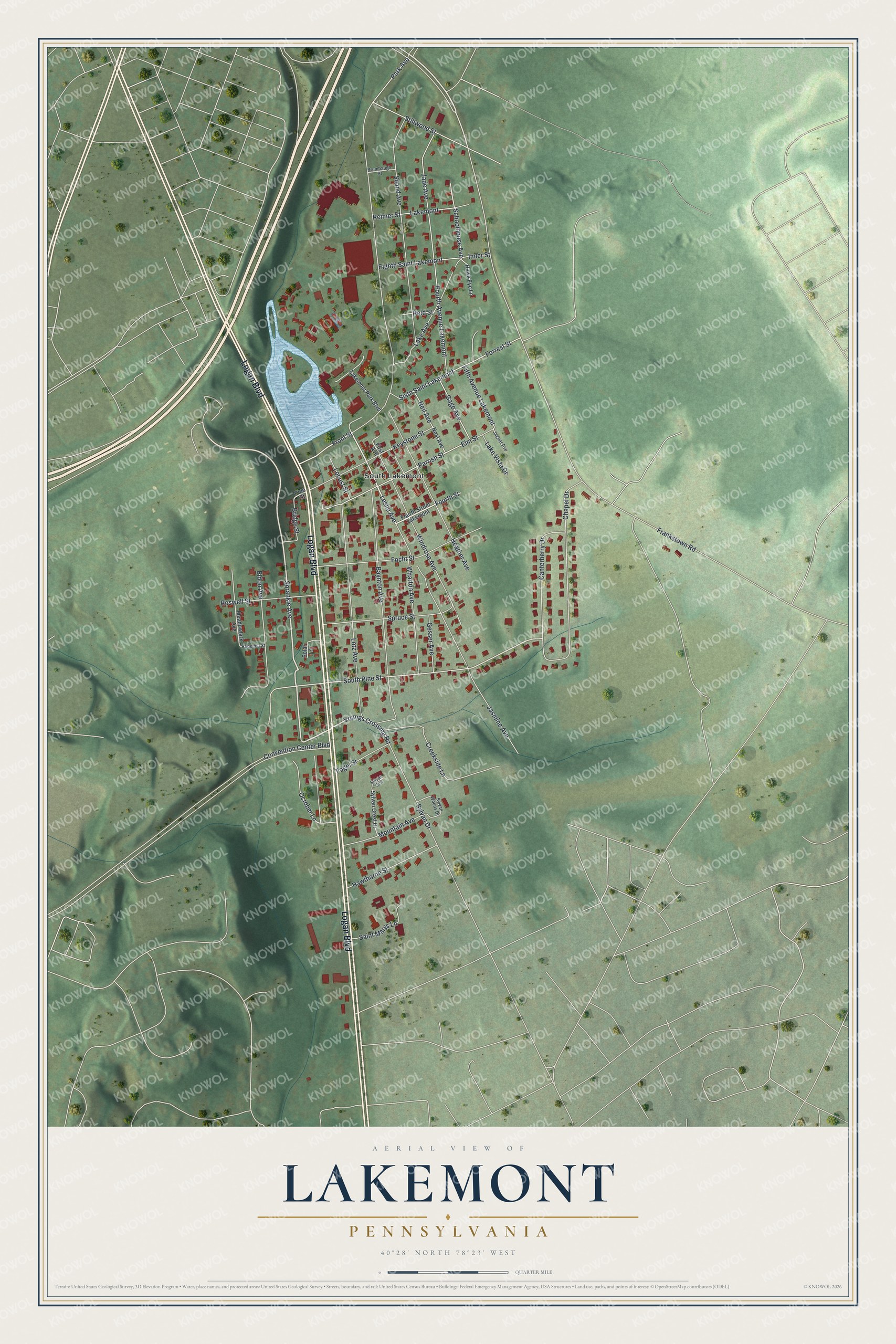 Full map of Lakemont, Pennsylvania, with red buildings, printed street names and the land around them