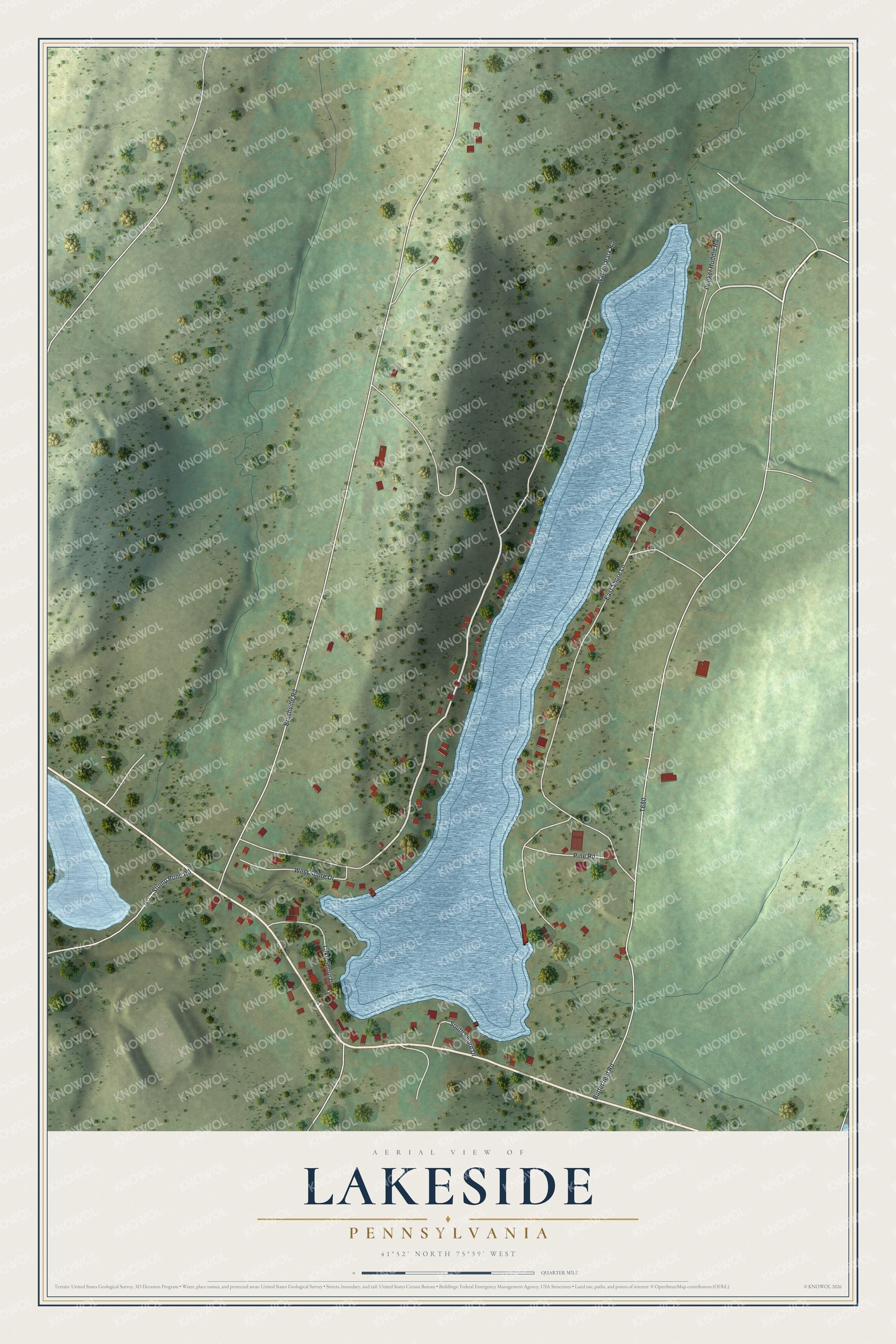 Full map of Lakeside, Pennsylvania, with red buildings, printed street names and the land around them