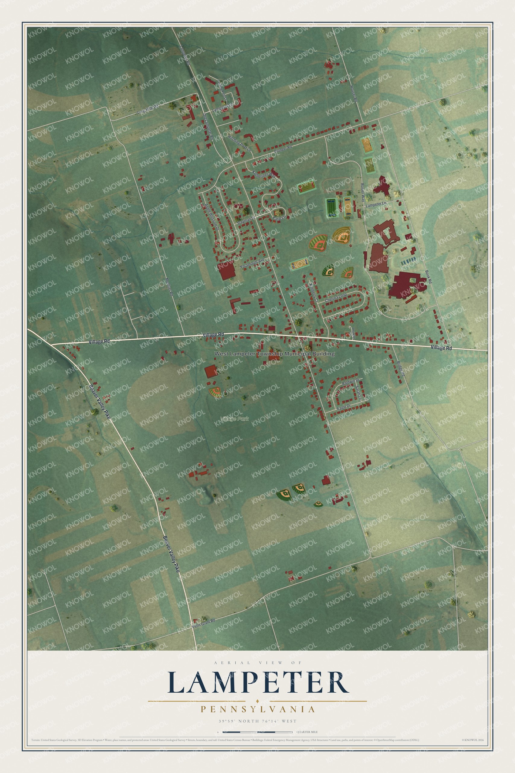 Full map of Lampeter, Pennsylvania, with red buildings, printed street names and the land around them