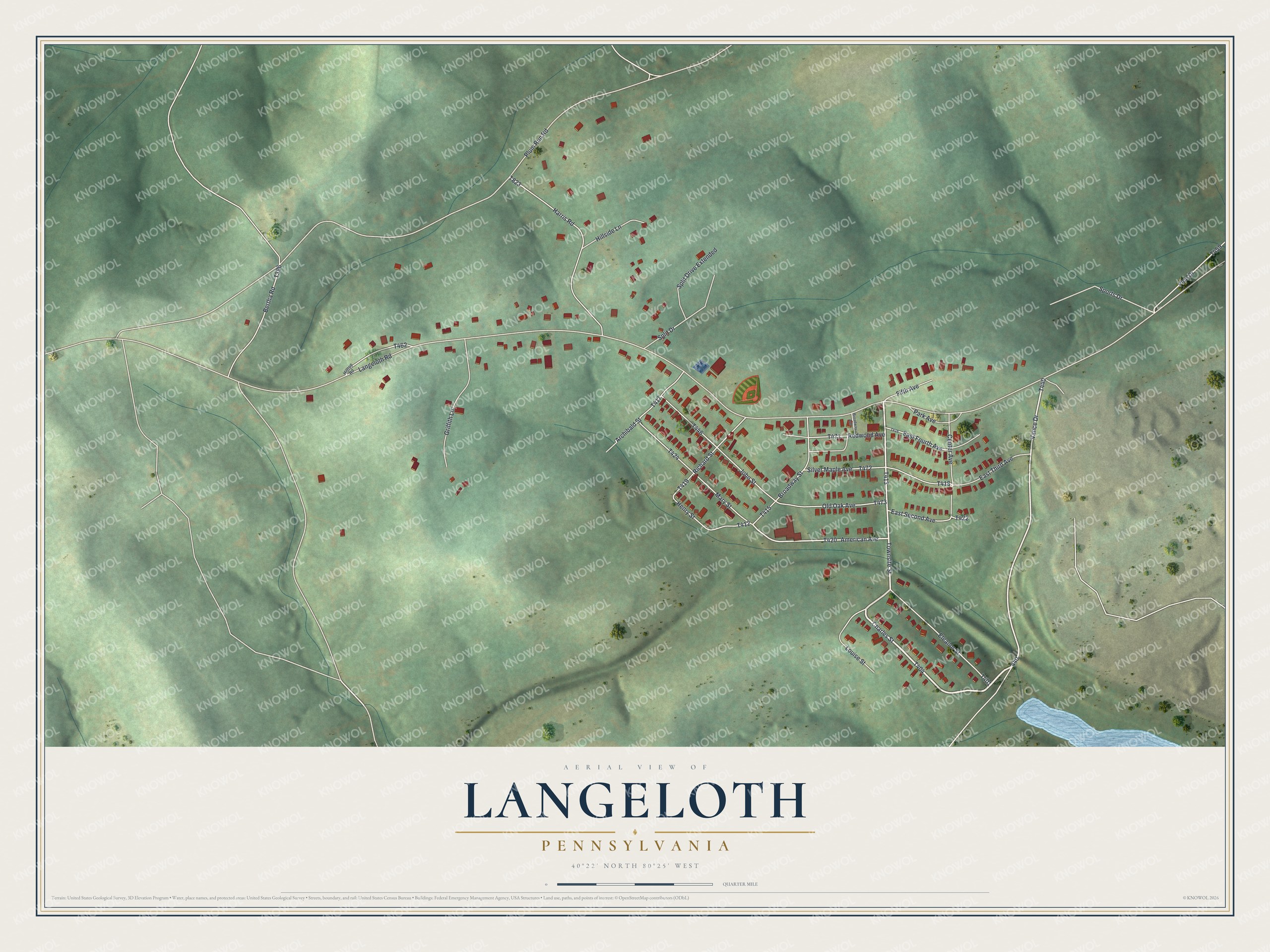Full map of Langeloth, Pennsylvania, with red buildings, printed street names and the land around them