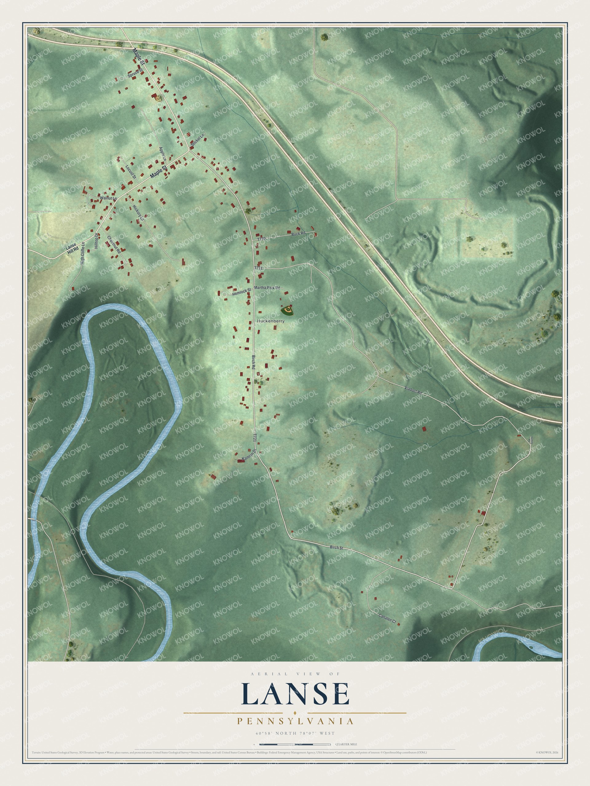 Full map of Lanse, Pennsylvania, with red buildings, printed street names and the land around them