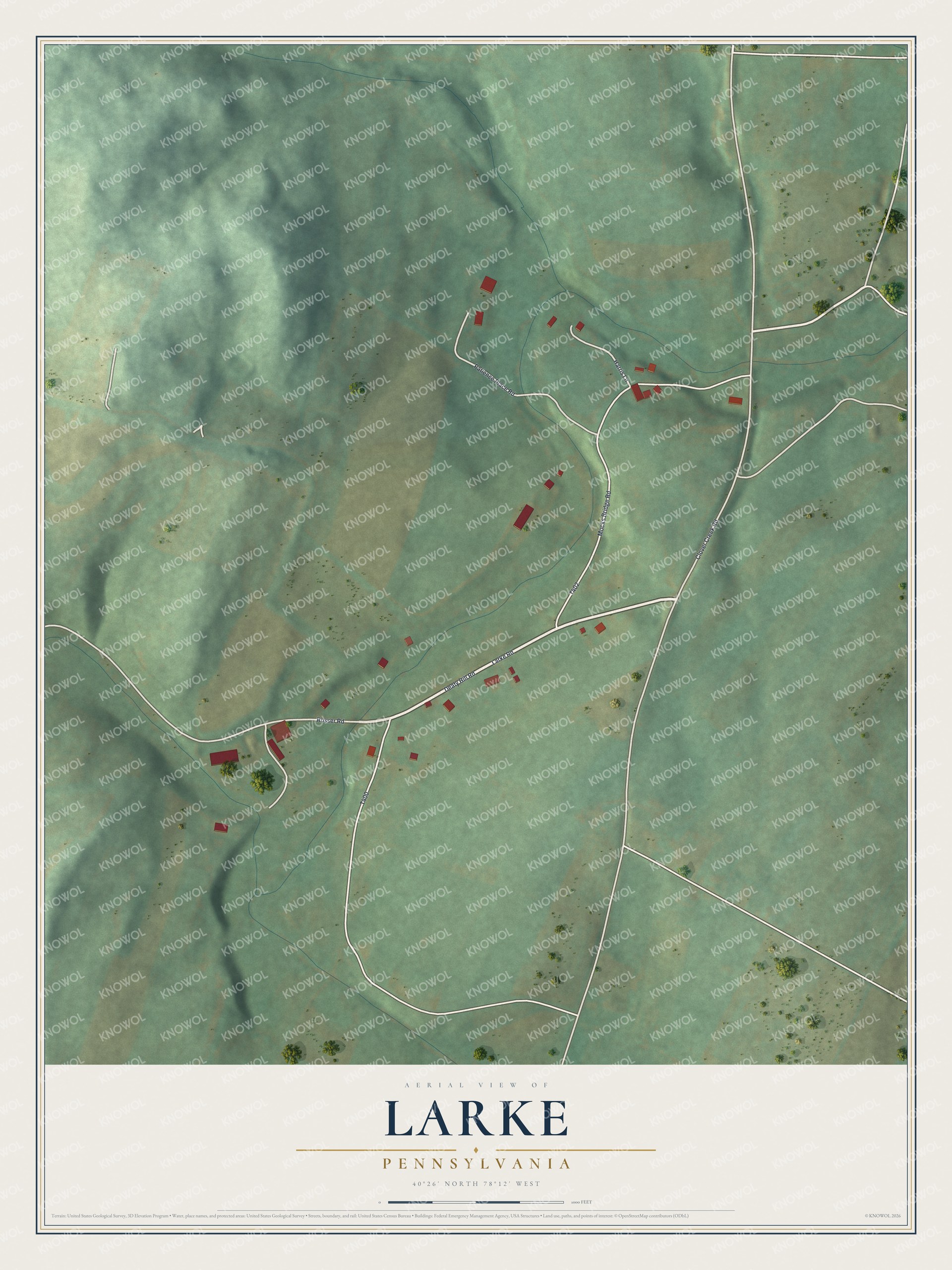 Full map of Larke, Pennsylvania, with red buildings, printed street names and the land around them