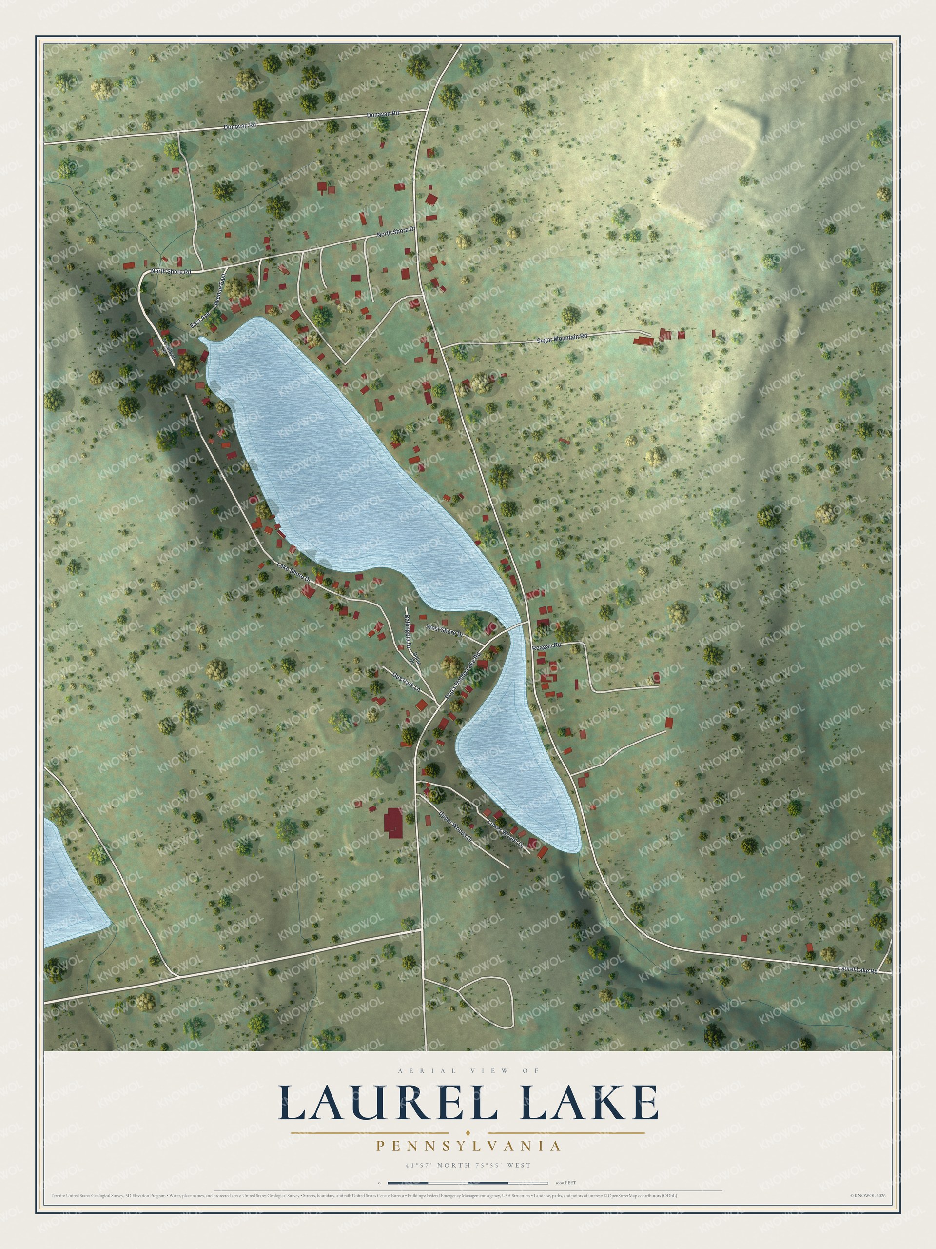 Full map of Laurel Lake, Pennsylvania, with red buildings, printed street names and the land around them