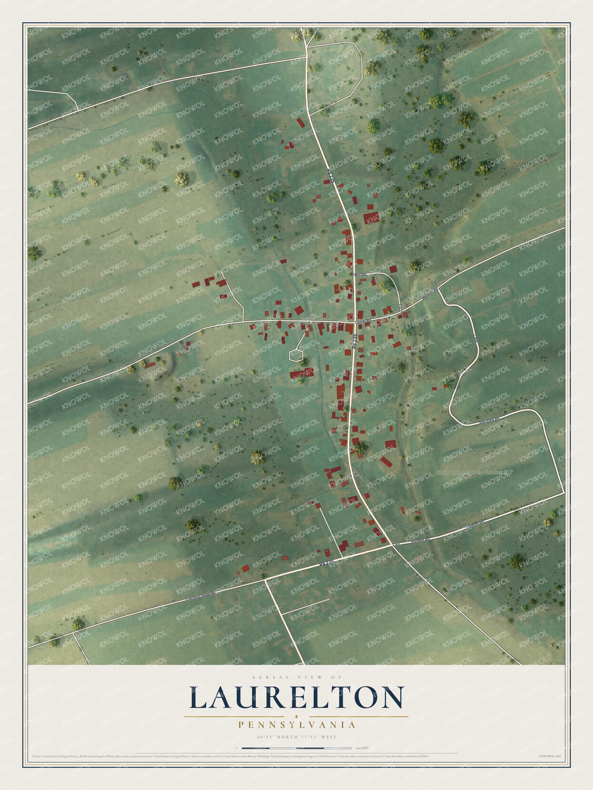 Full map of Laurelton, Pennsylvania, with red buildings, printed street names and the land around them
