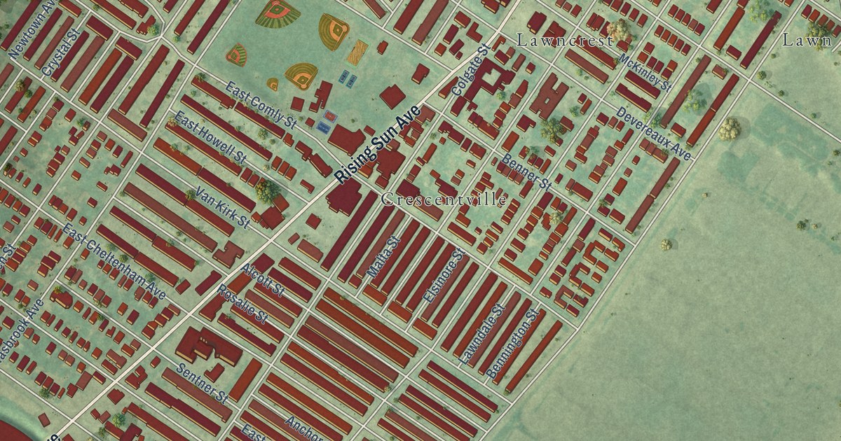 Close-up of streets and buildings in Lawndale, Pennsylvania
