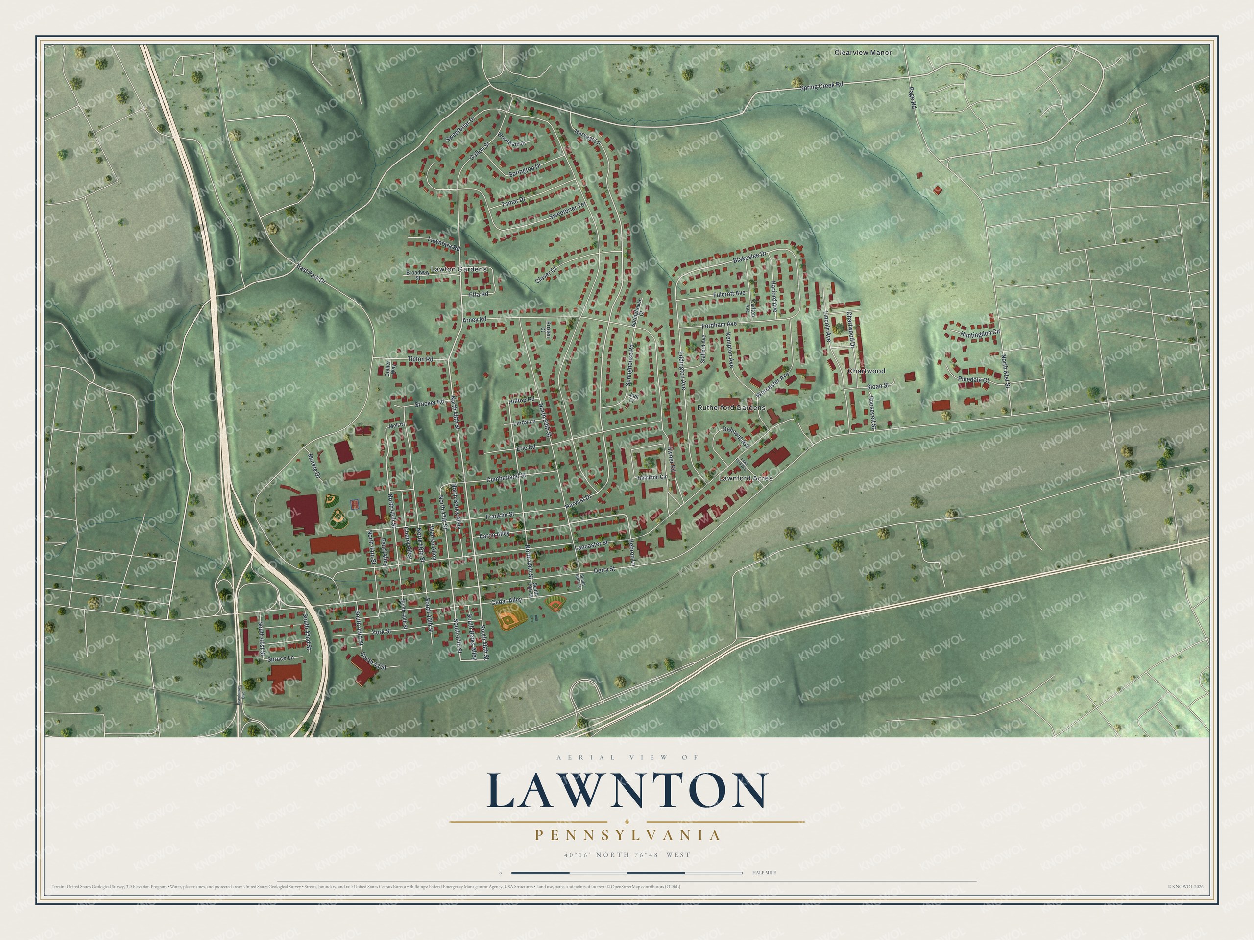 Full map of Lawnton, Pennsylvania, with red buildings, printed street names and the land around them