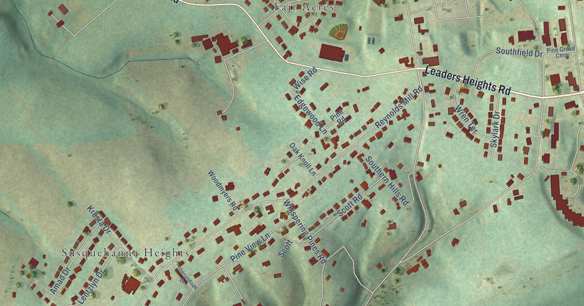Close-up of streets and buildings in Leaders Heights, Pennsylvania