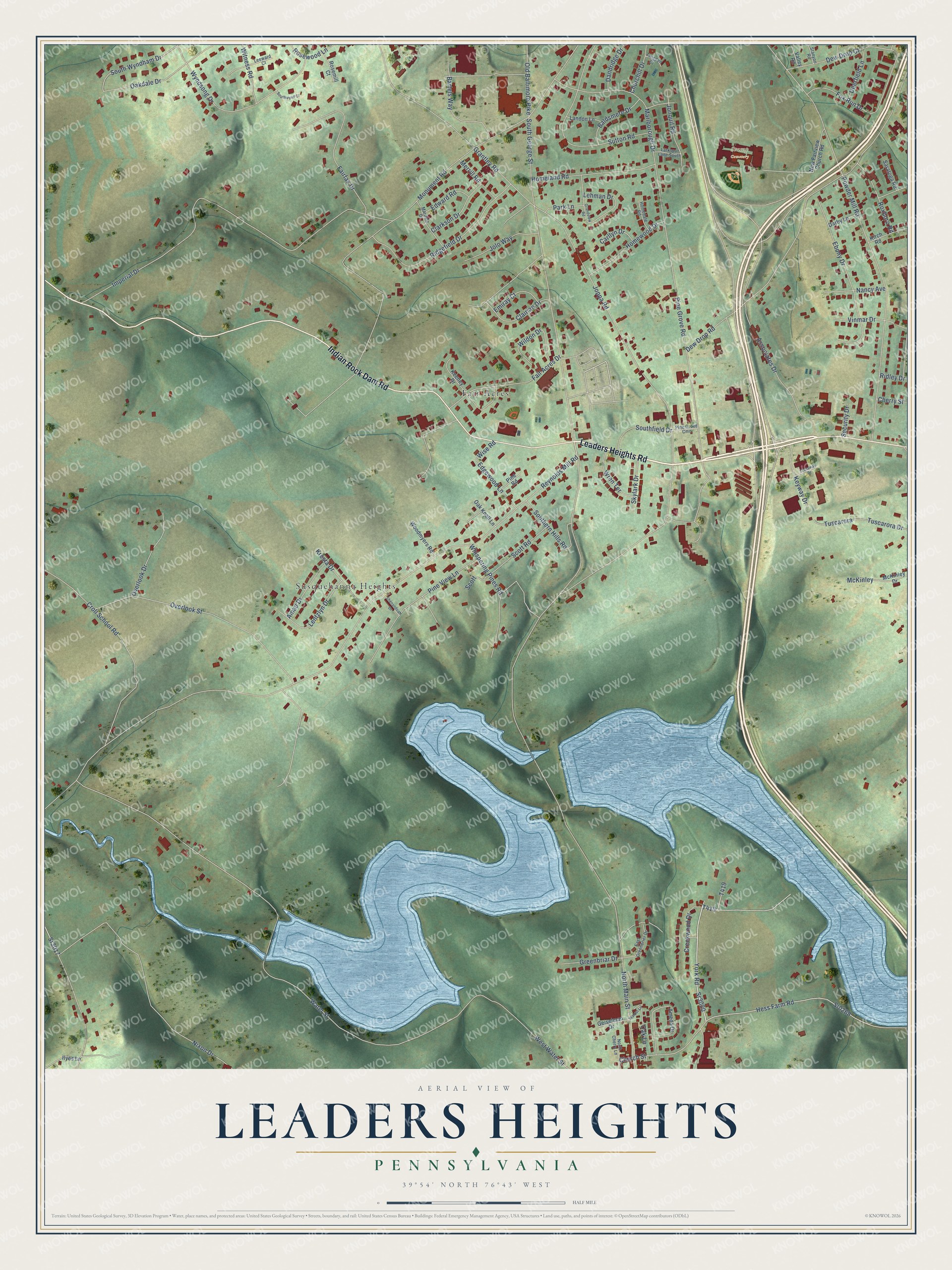 Full map of Leaders Heights, Pennsylvania, with red buildings, printed street names and the land around them