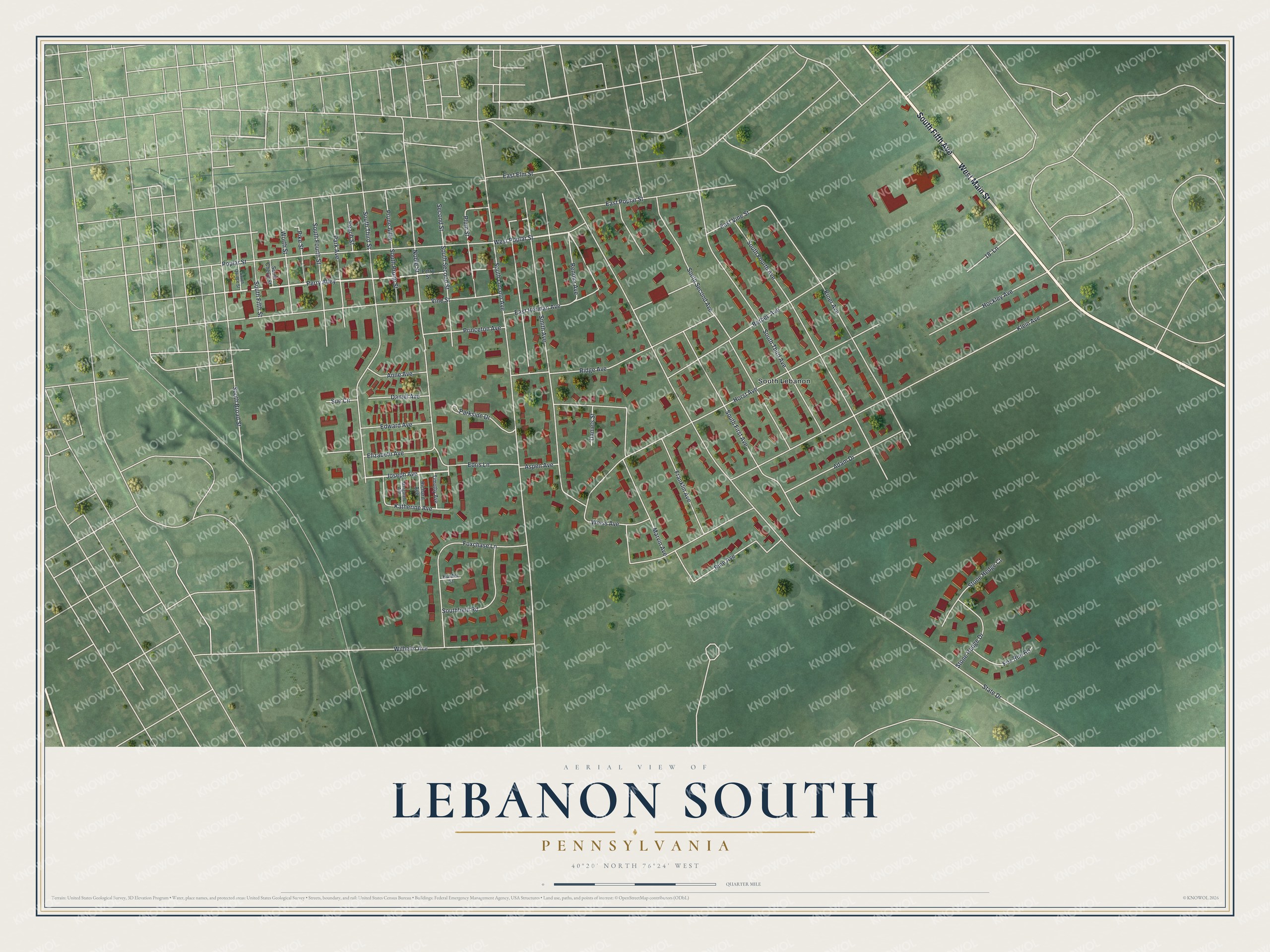 Full map of Lebanon South, Pennsylvania, with red buildings, printed street names and the land around them