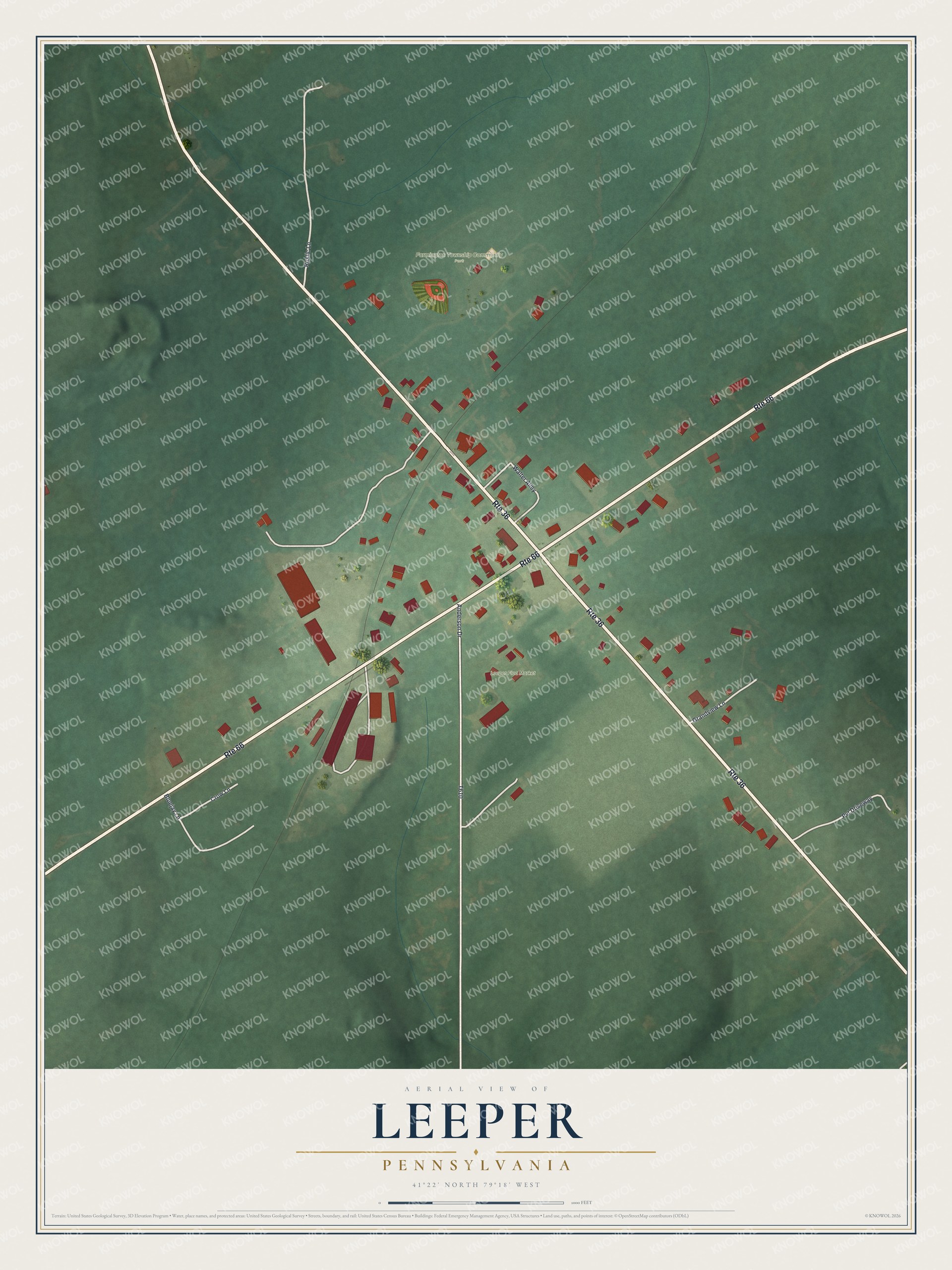 Full map of Leeper, Pennsylvania, with red buildings, printed street names and the land around them