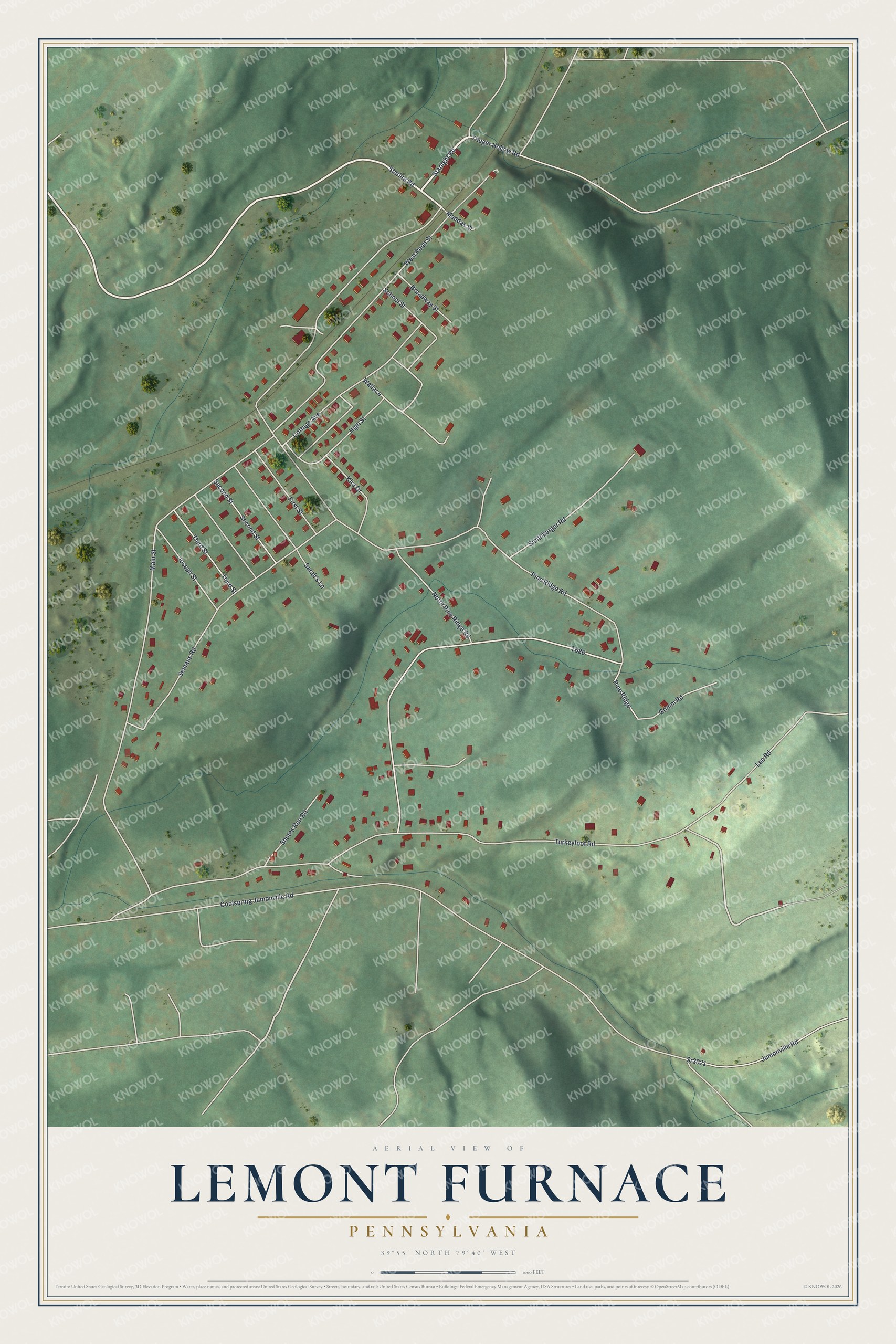 Full map of Lemont Furnace, Pennsylvania, with red buildings, printed street names and the land around them
