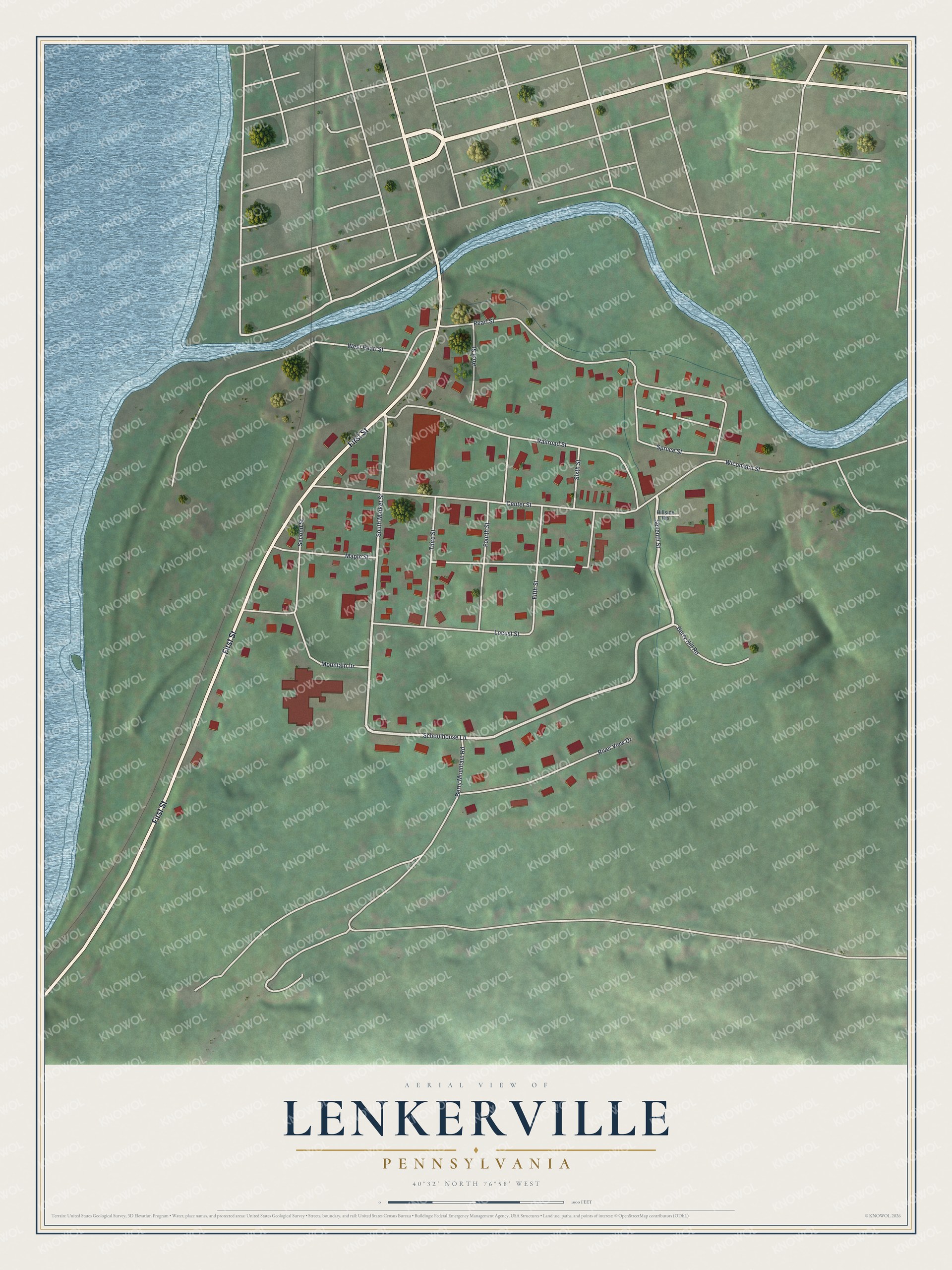 Full map of Lenkerville, Pennsylvania, with red buildings, printed street names and the land around them
