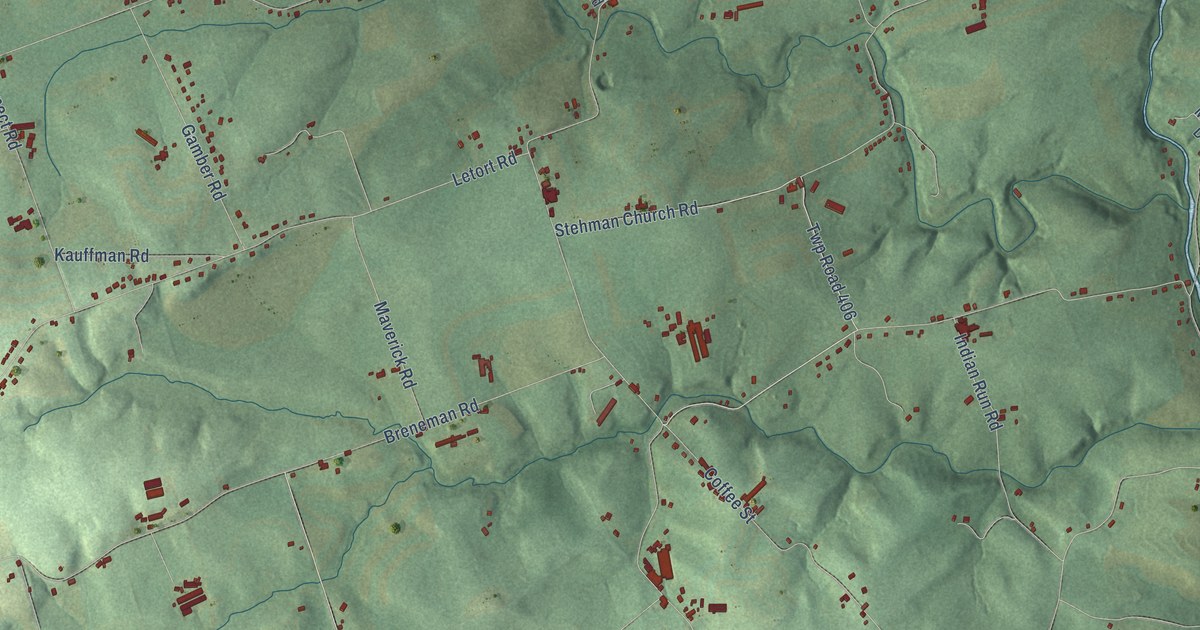 Close-up of streets and buildings in Letort, Pennsylvania