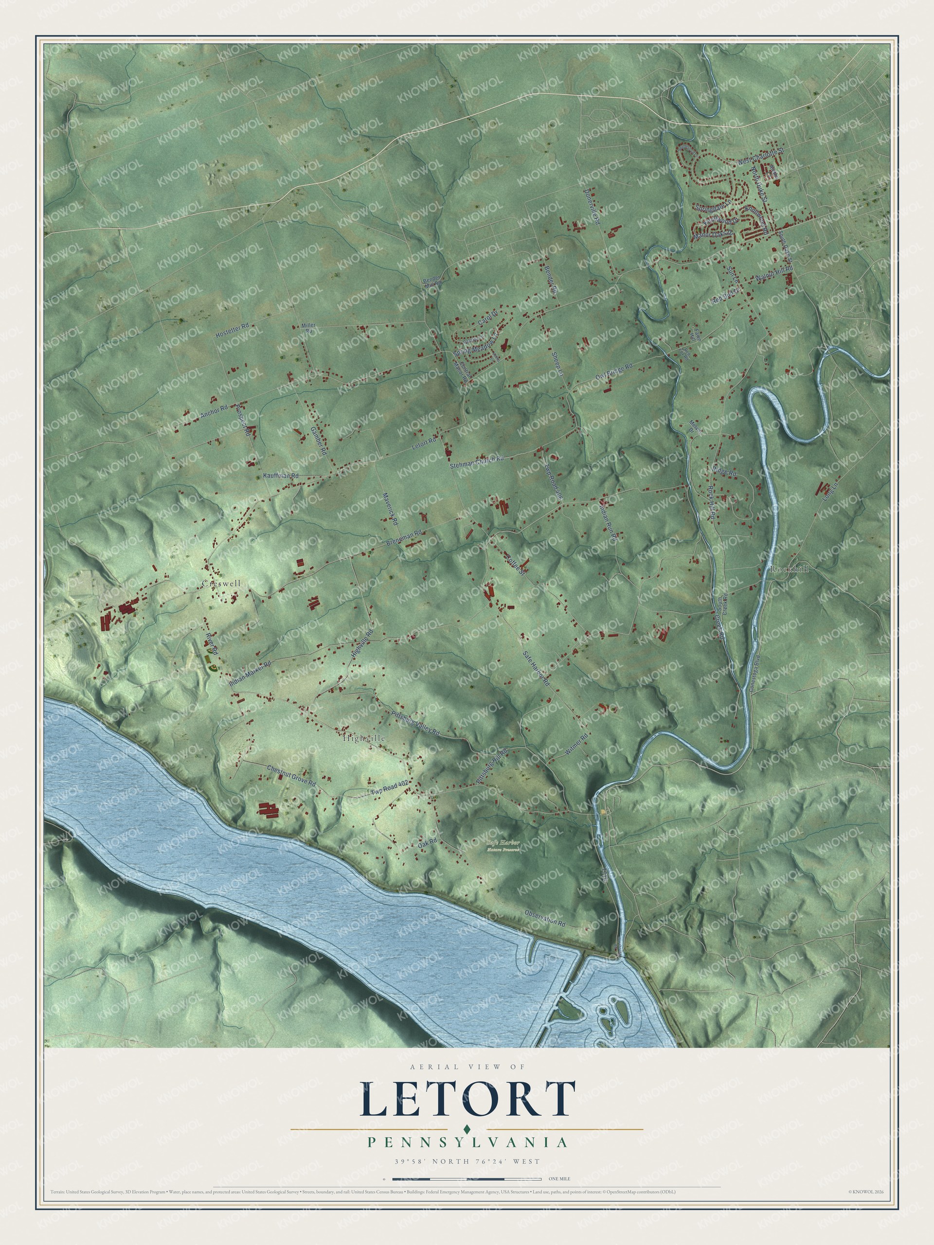 Full map of Letort, Pennsylvania, with red buildings, printed street names and the land around them