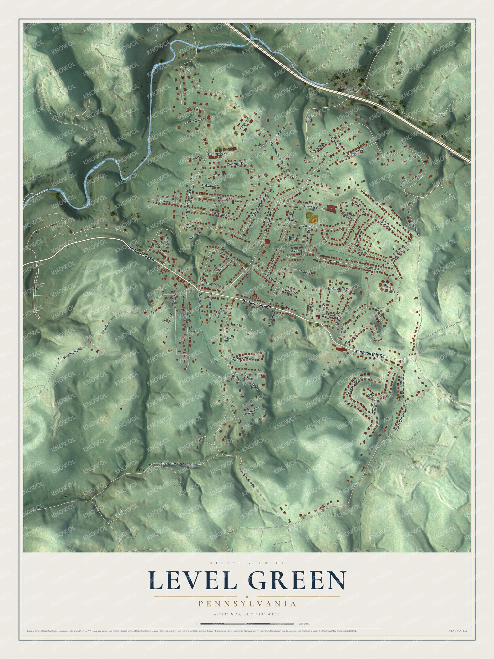 Full map of Level Green, Pennsylvania, with red buildings, printed street names and the land around them