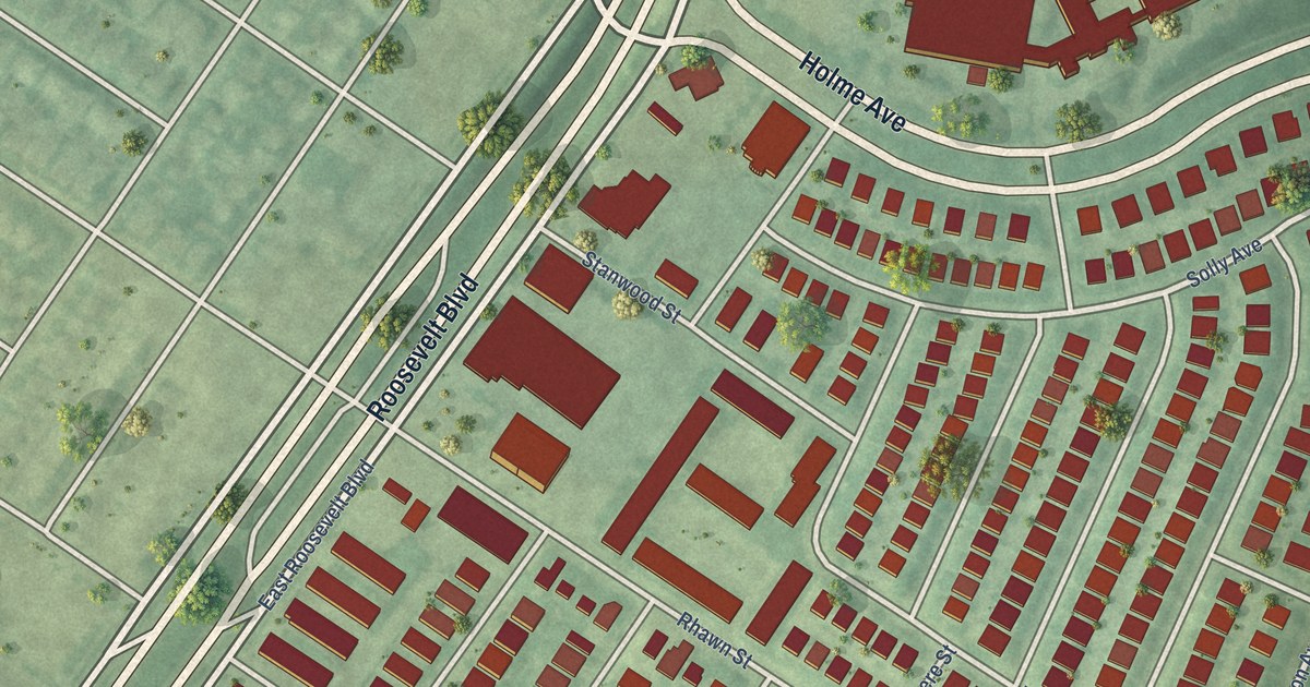 Close-up of streets and buildings in Lexington Park, Pennsylvania
