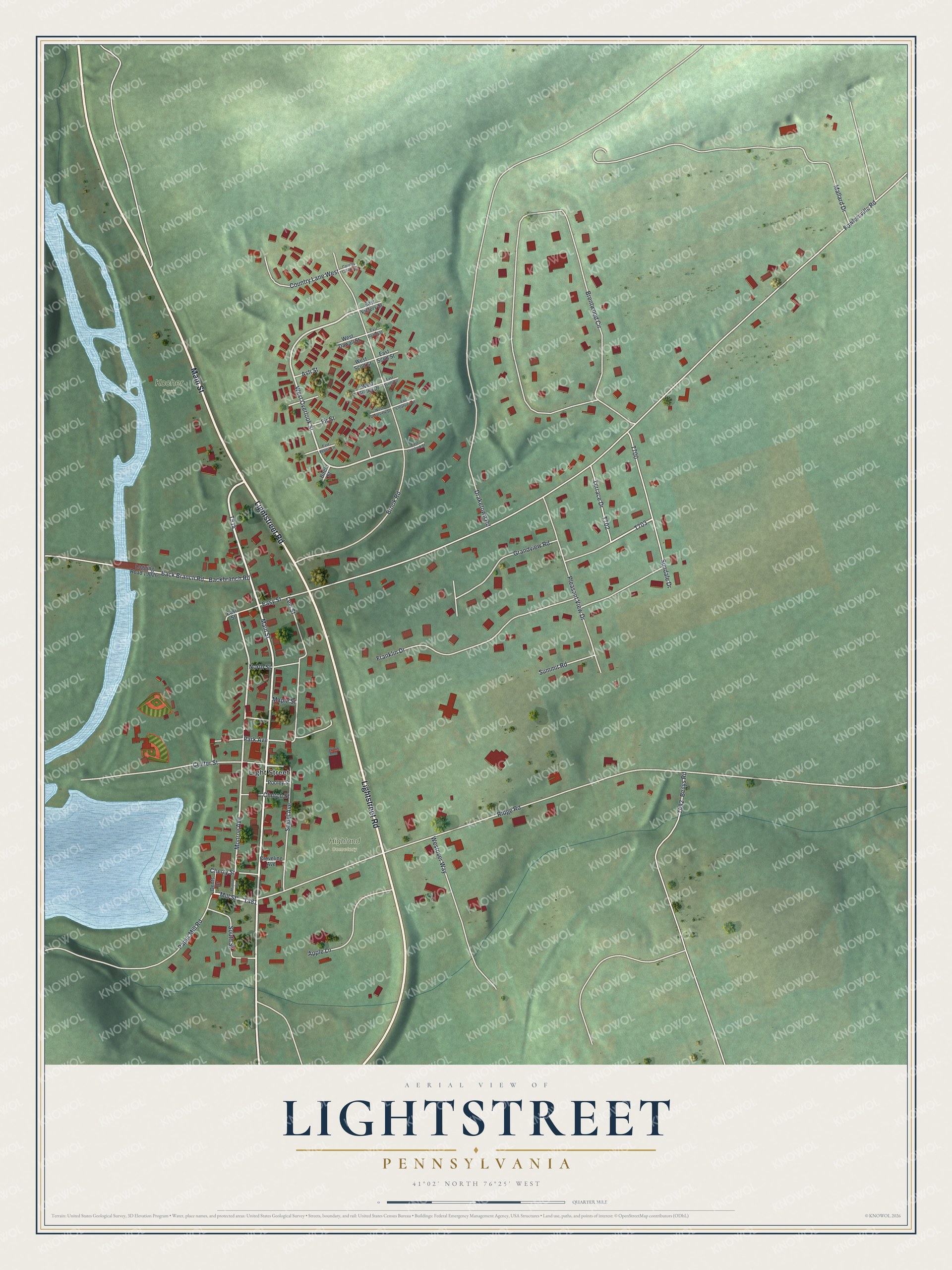 Full map of Lightstreet, Pennsylvania, with red buildings, printed street names and the land around them