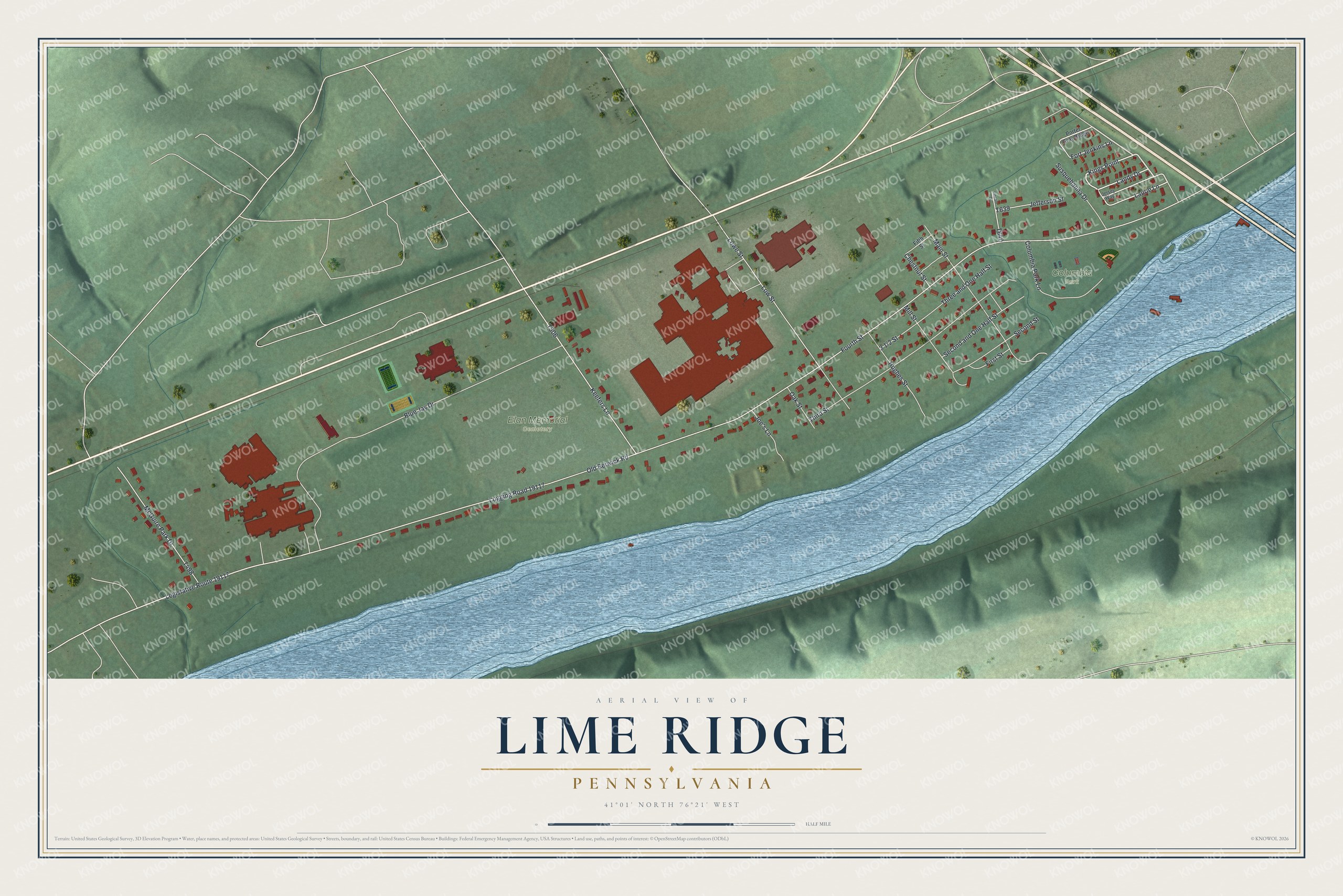 Full map of Lime Ridge, Pennsylvania, with red buildings, printed street names and the land around them