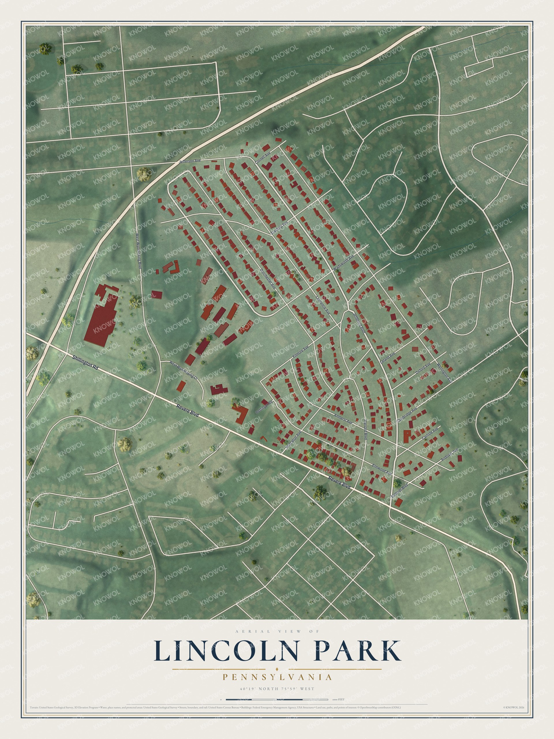 Full map of Lincoln Park, Pennsylvania, with red buildings, printed street names and the land around them