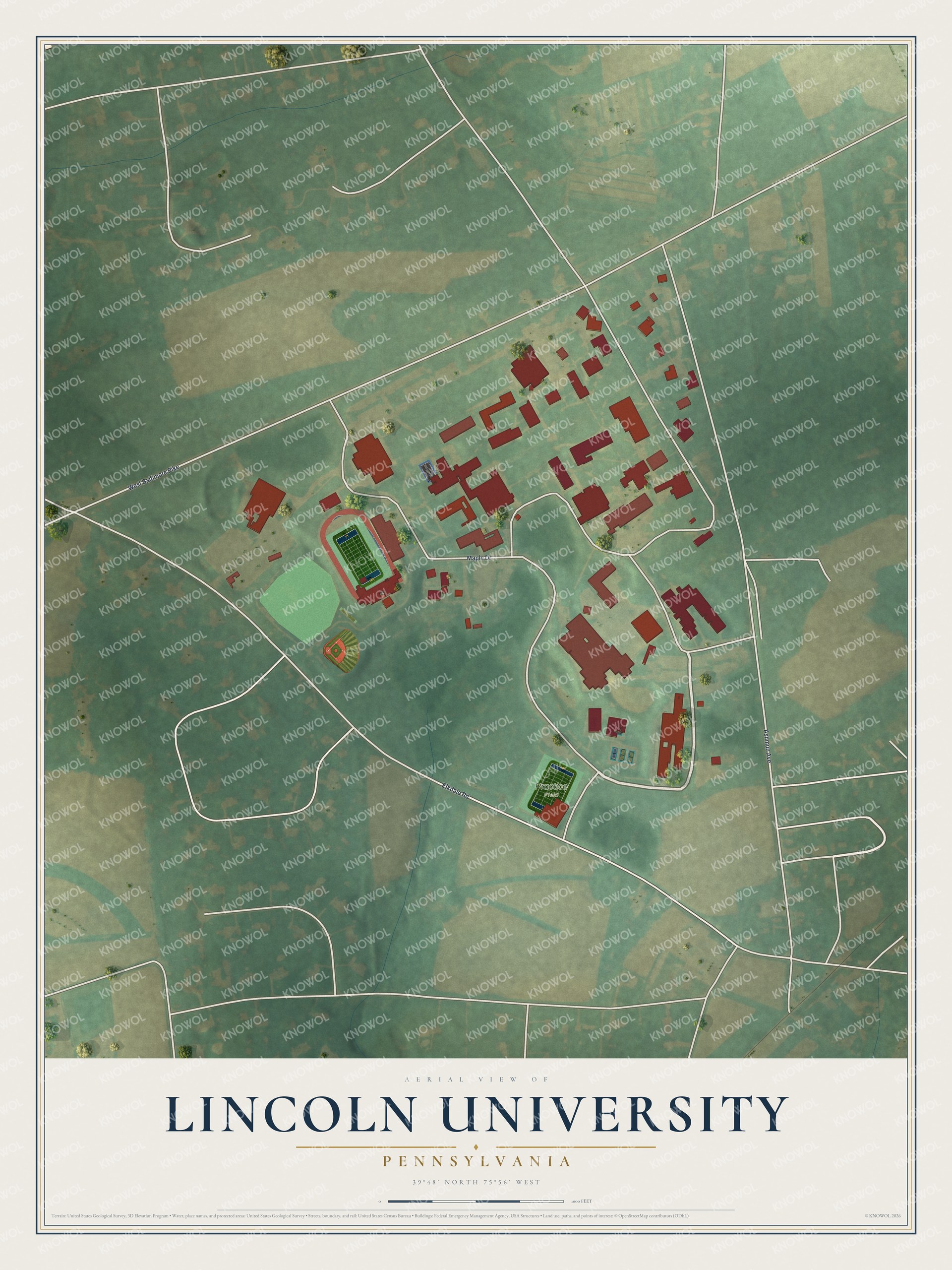 Full map of Lincoln University, Pennsylvania, with red buildings, printed street names and the land around them