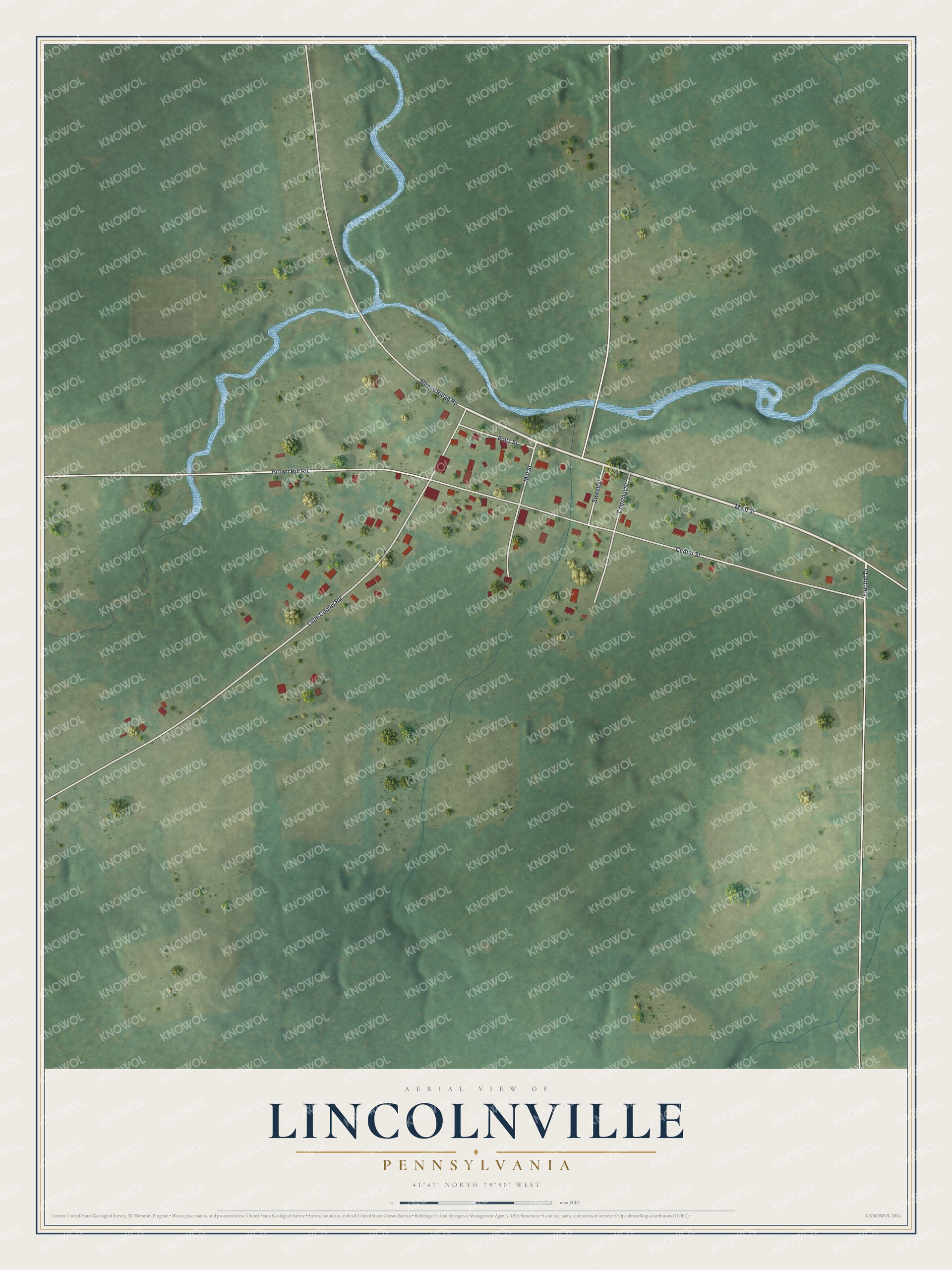 Full map of Lincolnville, Pennsylvania, with red buildings, printed street names and the land around them