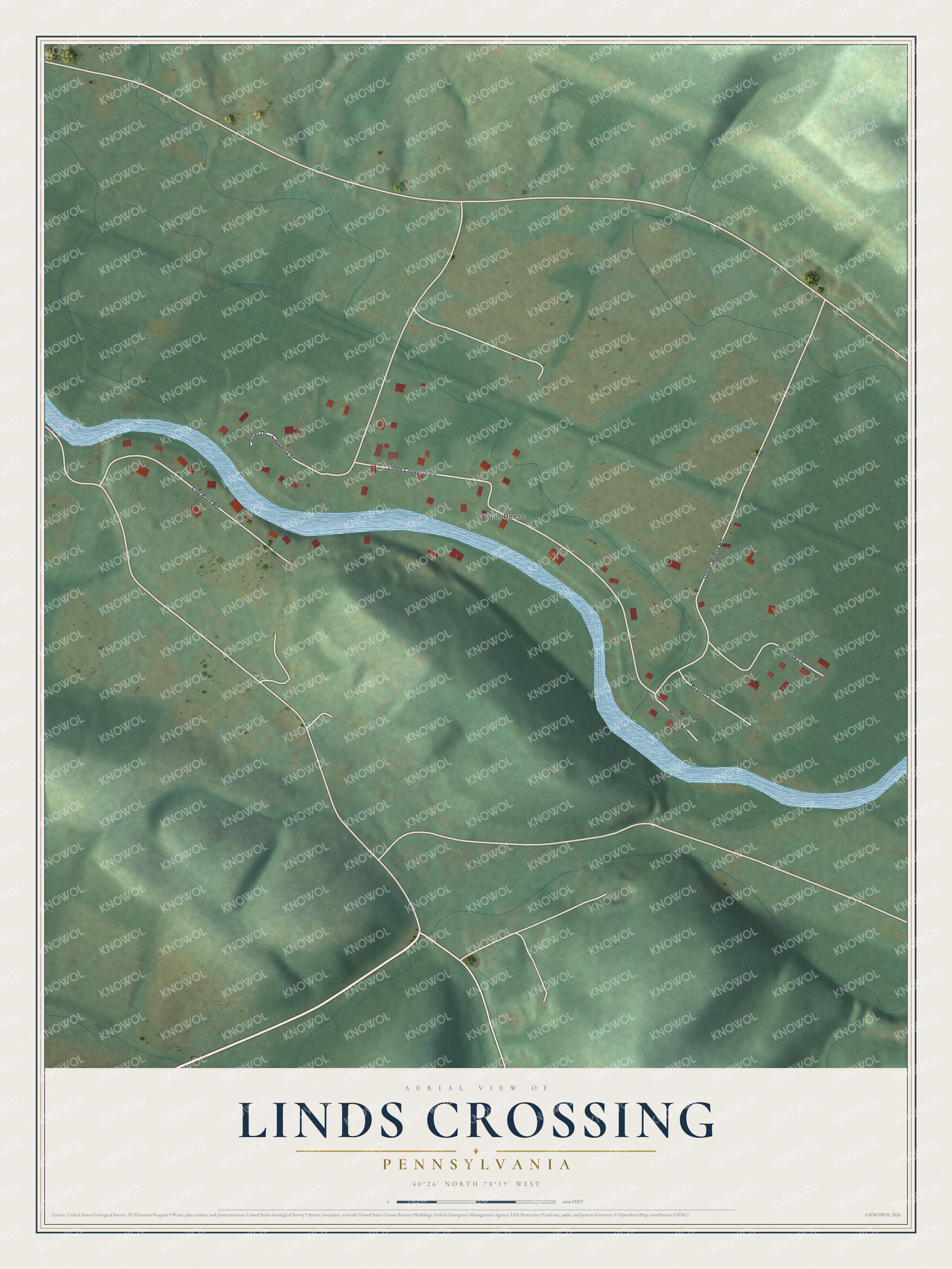 Full map of Linds Crossing, Pennsylvania, with red buildings, printed street names and the land around them