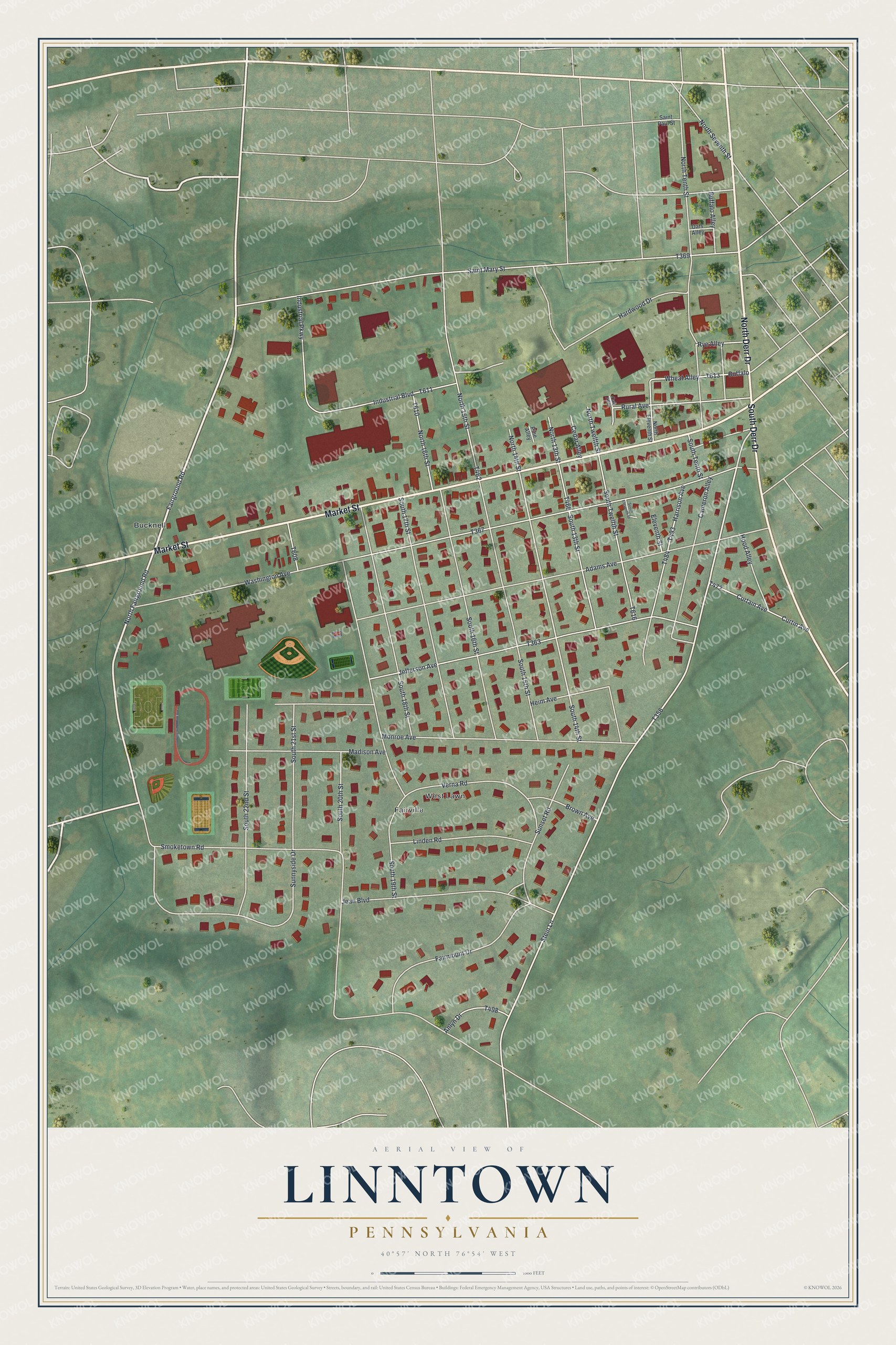 Full map of Linntown, Pennsylvania, with red buildings, printed street names and the land around them