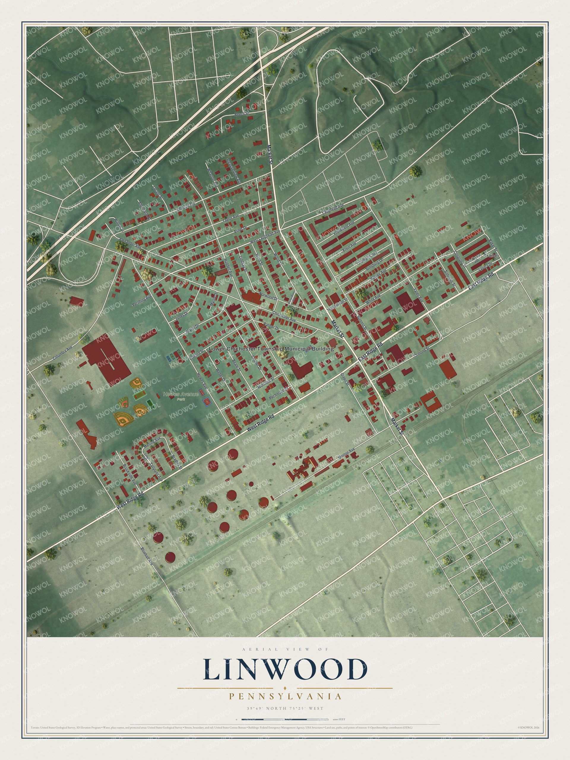 Full map of Linwood, Pennsylvania, with red buildings, printed street names and the land around them