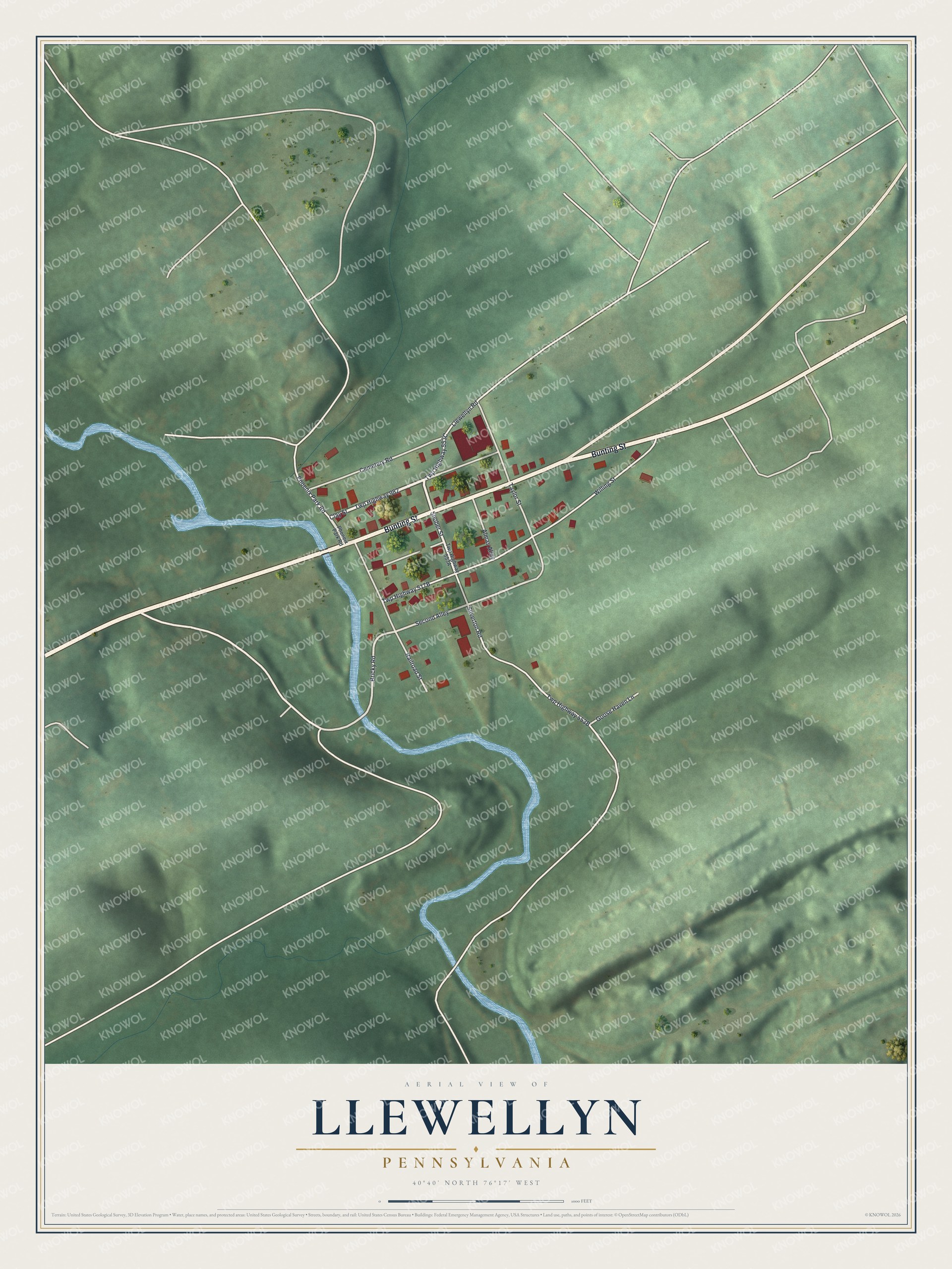 Full map of Llewellyn, Pennsylvania, with red buildings, printed street names and the land around them
