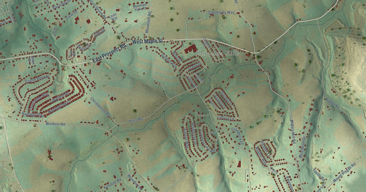 Close-up of streets and buildings in Locust Grove, Pennsylvania