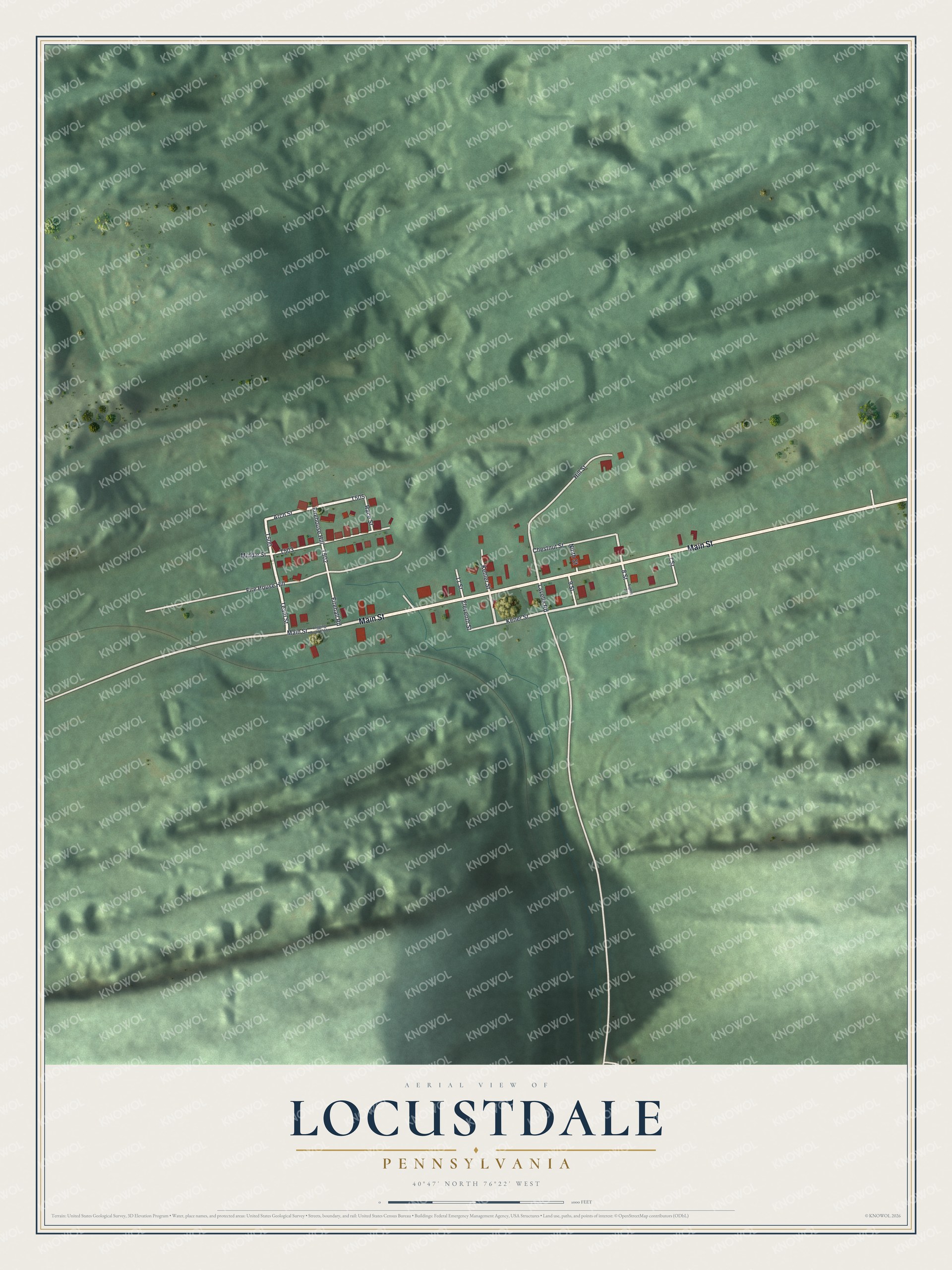 Full map of Locustdale, Pennsylvania, with red buildings, printed street names and the land around them