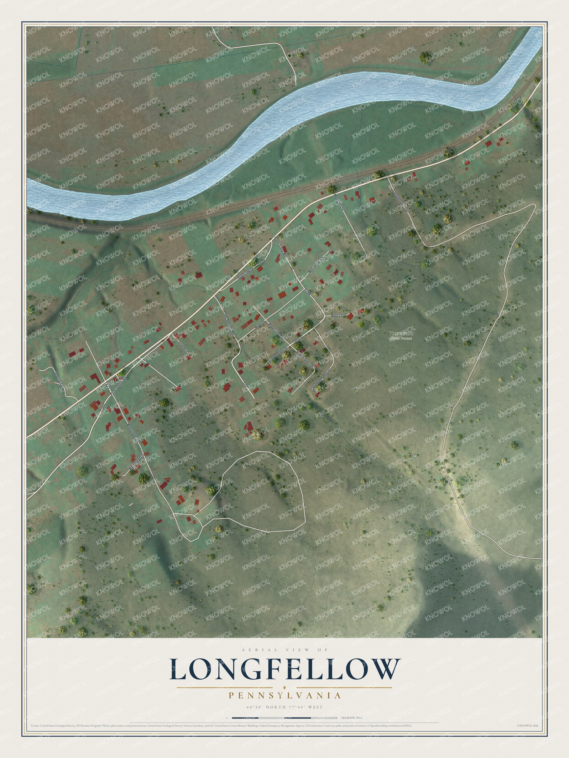 Full map of Longfellow, Pennsylvania, with red buildings, printed street names and the land around them