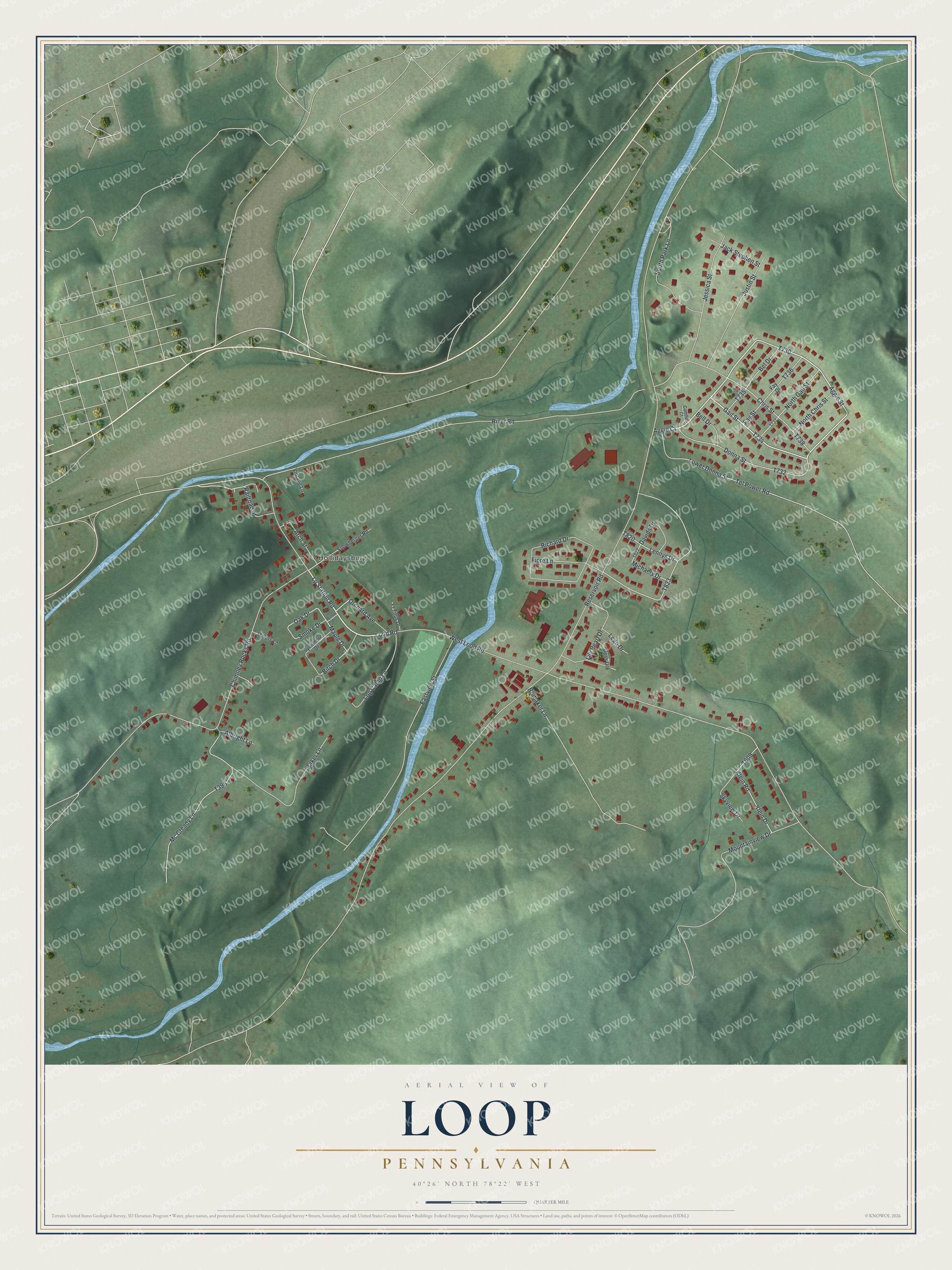 Full map of Loop, Pennsylvania, with red buildings, printed street names and the land around them