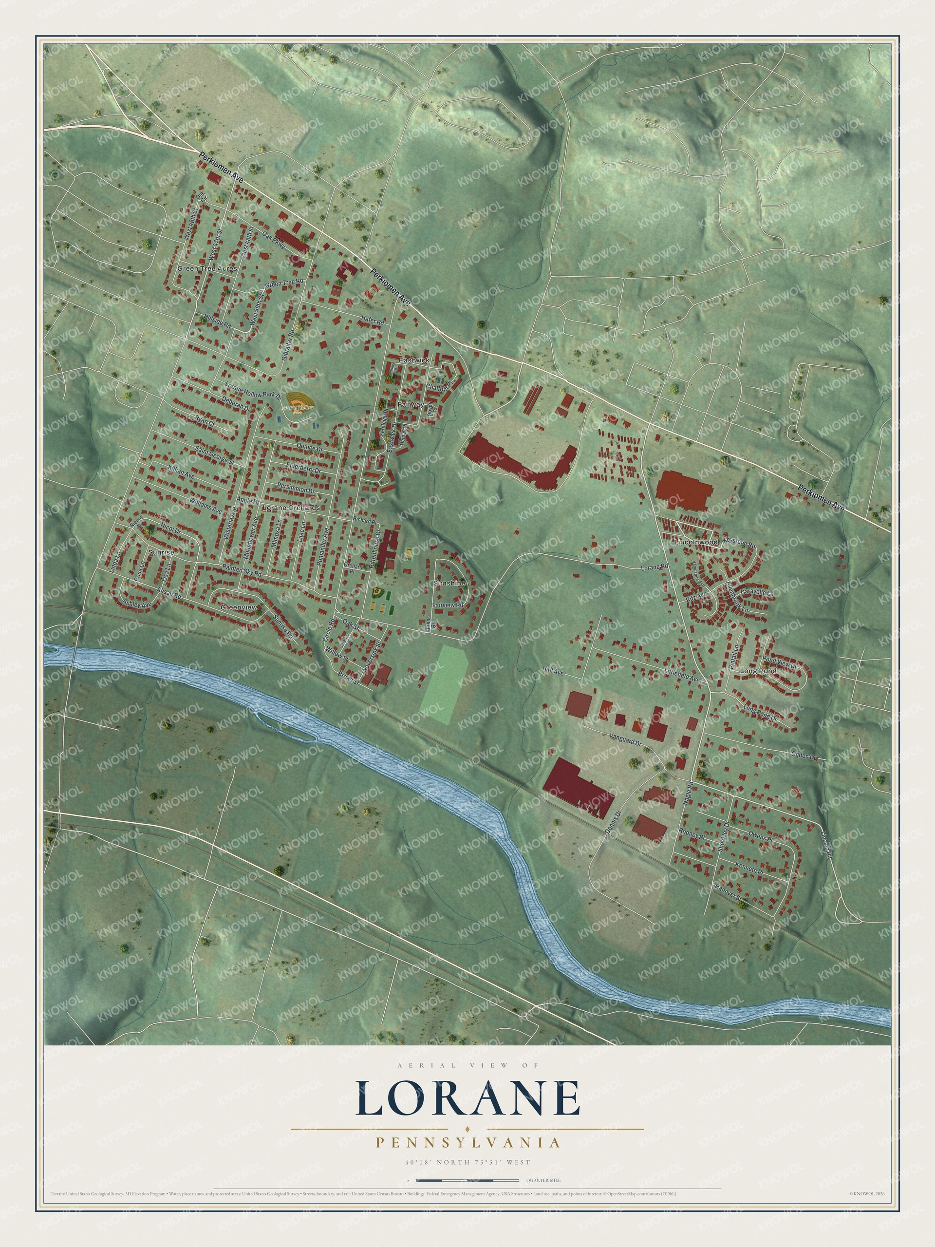 Full map of Lorane, Pennsylvania, with red buildings, printed street names and the land around them