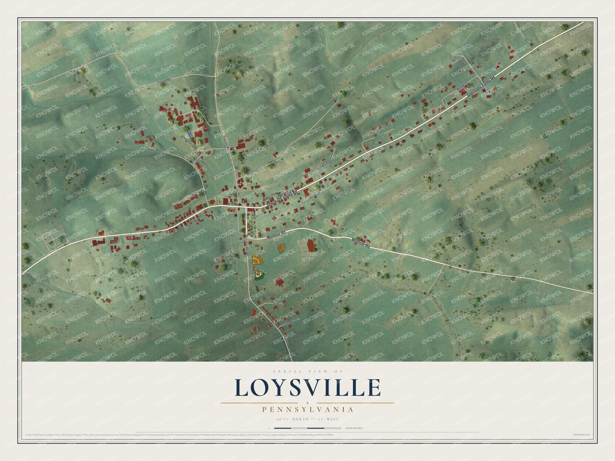 Full map of Loysville, Pennsylvania, with red buildings, printed street names and the land around them