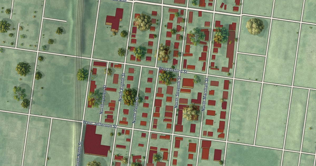 Close-up of streets and buildings in Ludlow, Pennsylvania